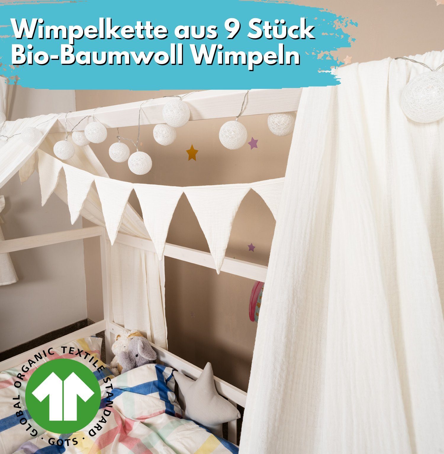 Stück zertifizierter 100 Schlafzimmer Stück 150 x Vorhang DEKO, Home®, Kinderzimmer, 300cm Baumwolle, cm 2 100% Wohnzimmer mit St), Bio-Musselin I Komplett Schlaufen für für (2 lang, cm Kurz Vorhänge I Kinderzimmer, Betthimmel Lichtschutz, Weiß 1 Alavya GOTS SET Dekoset Wimpelkette 2er-Set Hausbett