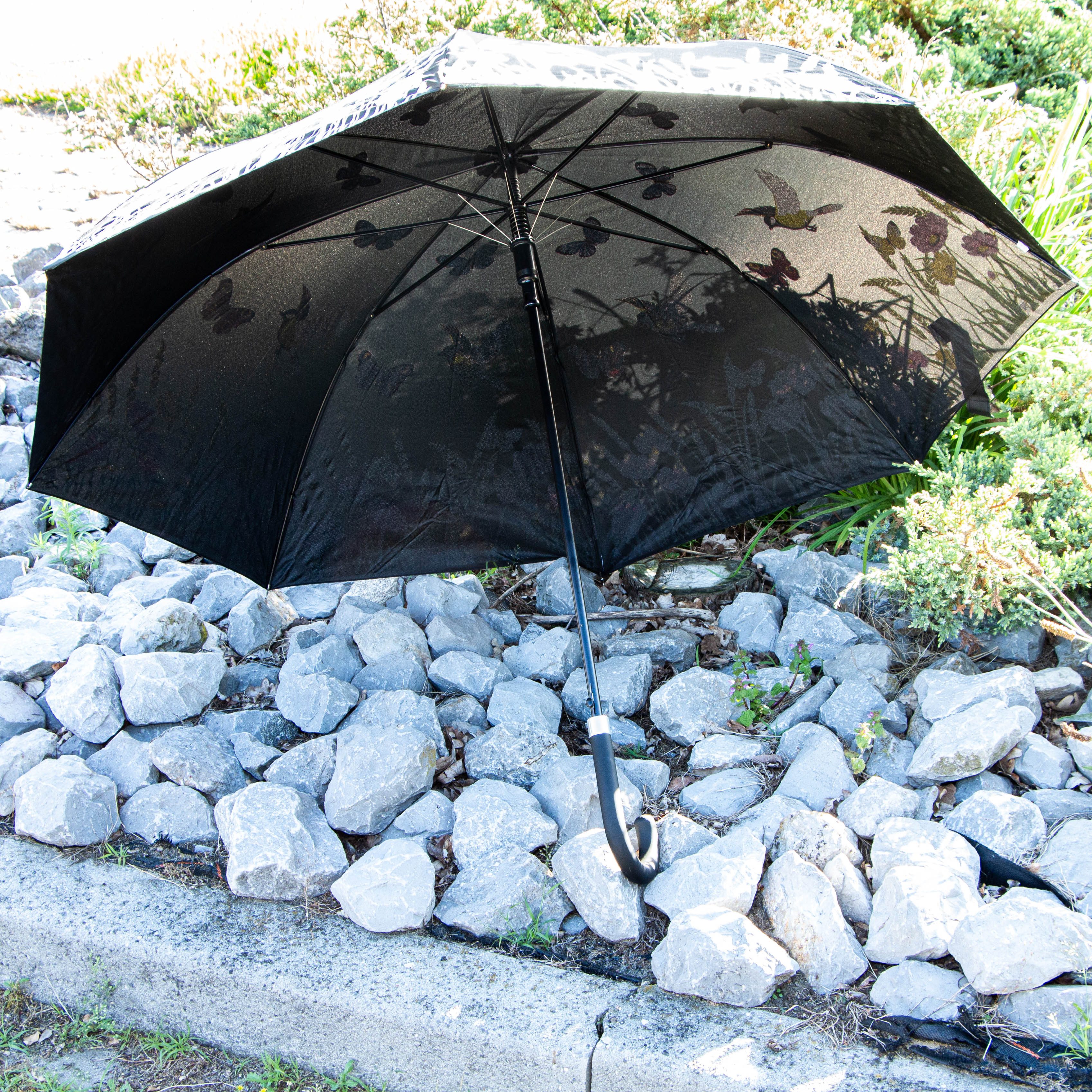 Antikas Windspiel Regenschirm mit Vögel, Farbverändernd im Regen, Stockschirm