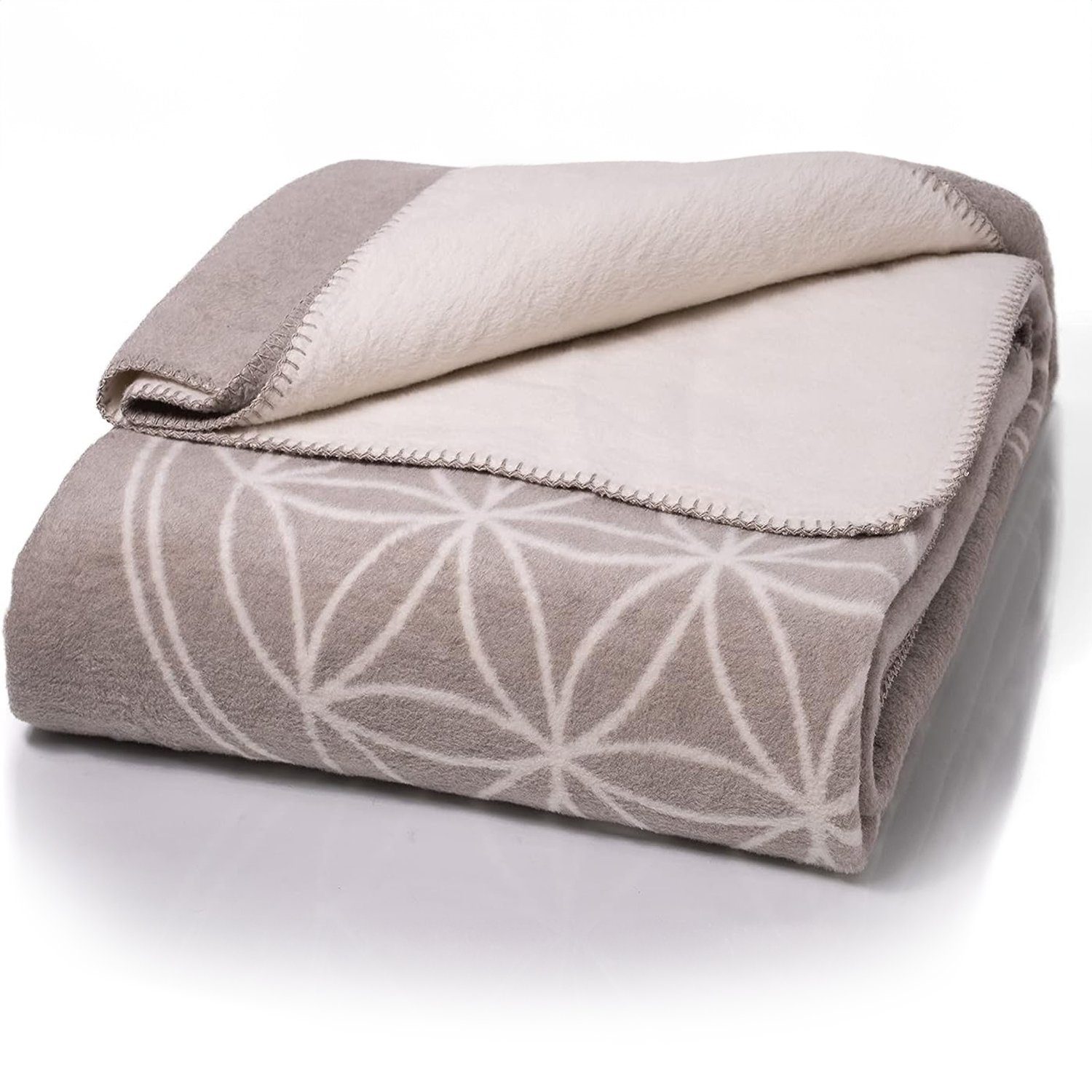 Wolldecke J2BG Kuscheldecke Baumwolle, Blume des Lebens Grau-Ecru, 150x200c günstig online kaufen