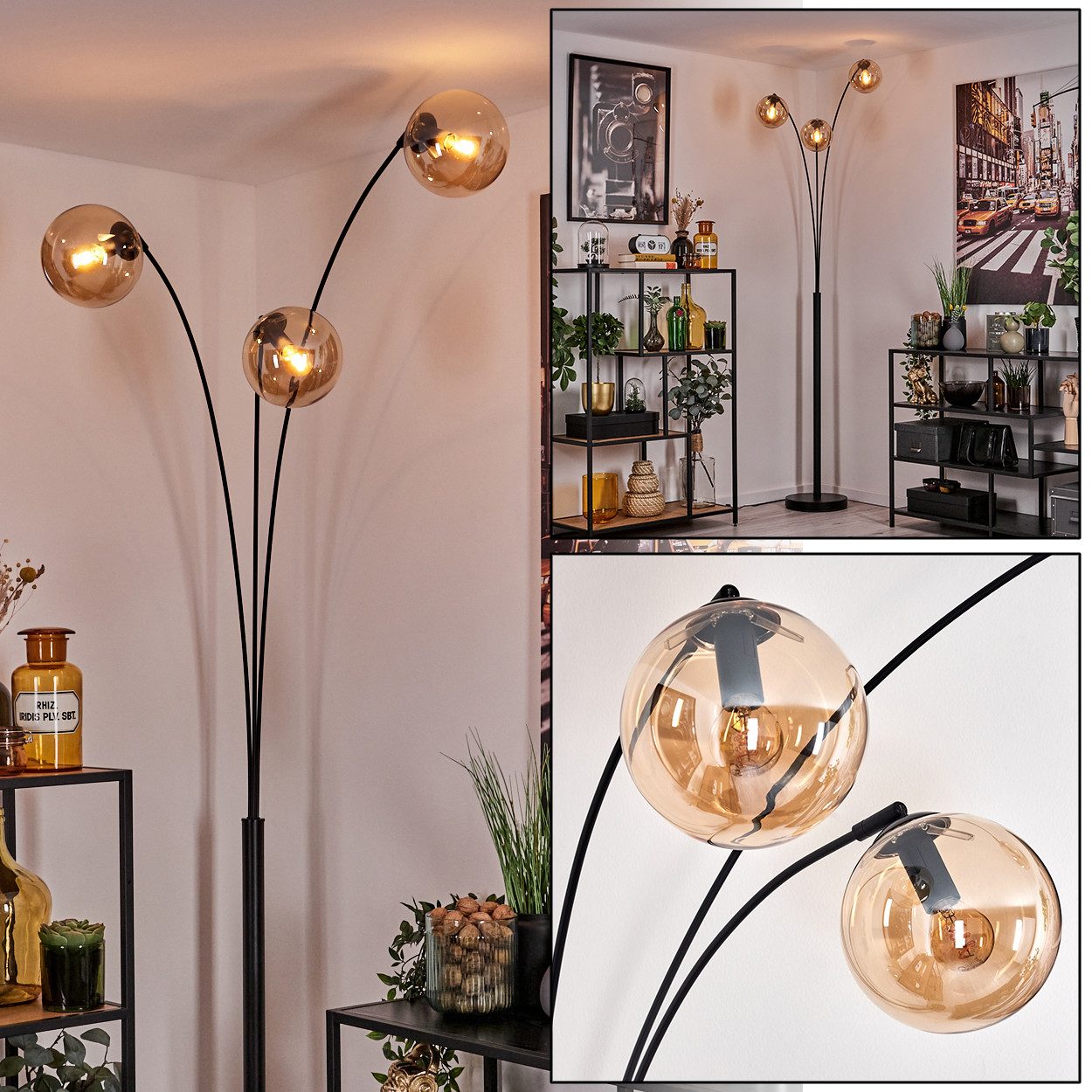 hofstein Stehlampe Stehlampe aus Metall/Glas in Schwarz/Bernsteinfarben, ohne Leuchtmittel, Leuchte mit Glasschirmen (15cm),Schalter, 3 x E14, ohne Leuchtmittel