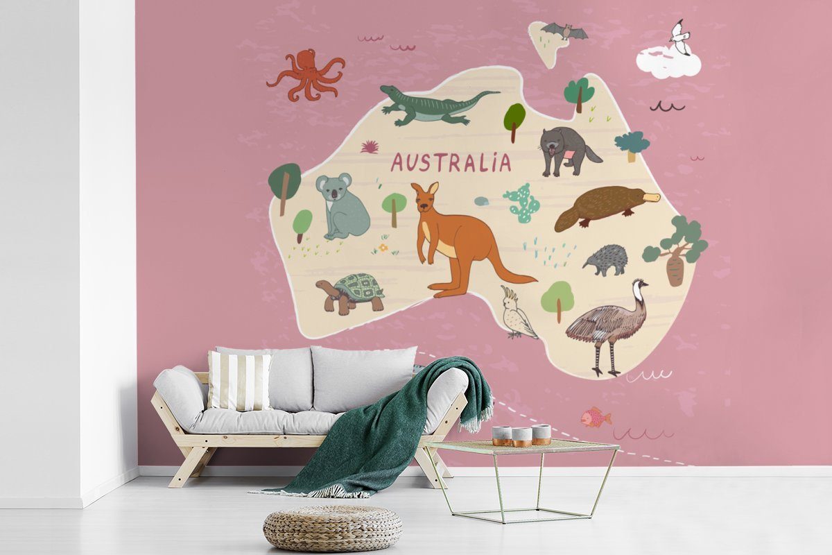 Fototapete Kinder, - Matt, Weltkarte Schlafzimmer, Tapete - Tiere - für Mädchen St), Vinyl Wallpaper Australien (6 - Wohnzimmer, MuchoWow Kinder bedruckt, Kinderzimmer, -