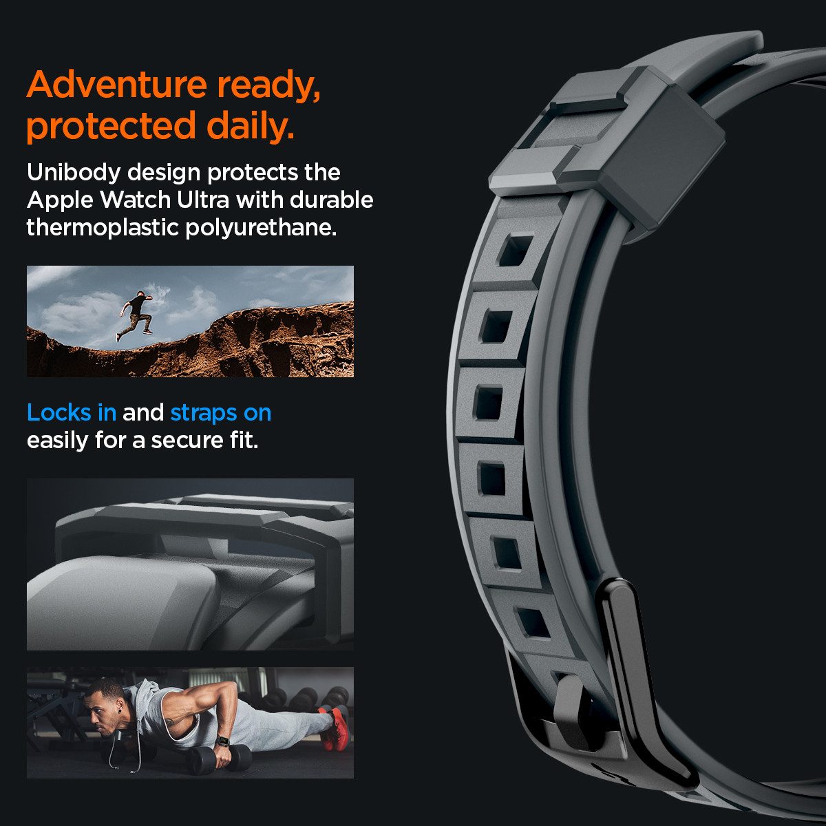 Spigen Smartwatch-Hülle Schutzhülle mit Armband für Apple Watch Ultra 3/2/1 49mm Robust Hülle 49 mm, Air Cushion Technology®, Herzfrequenzsensor kompatibel, Armband