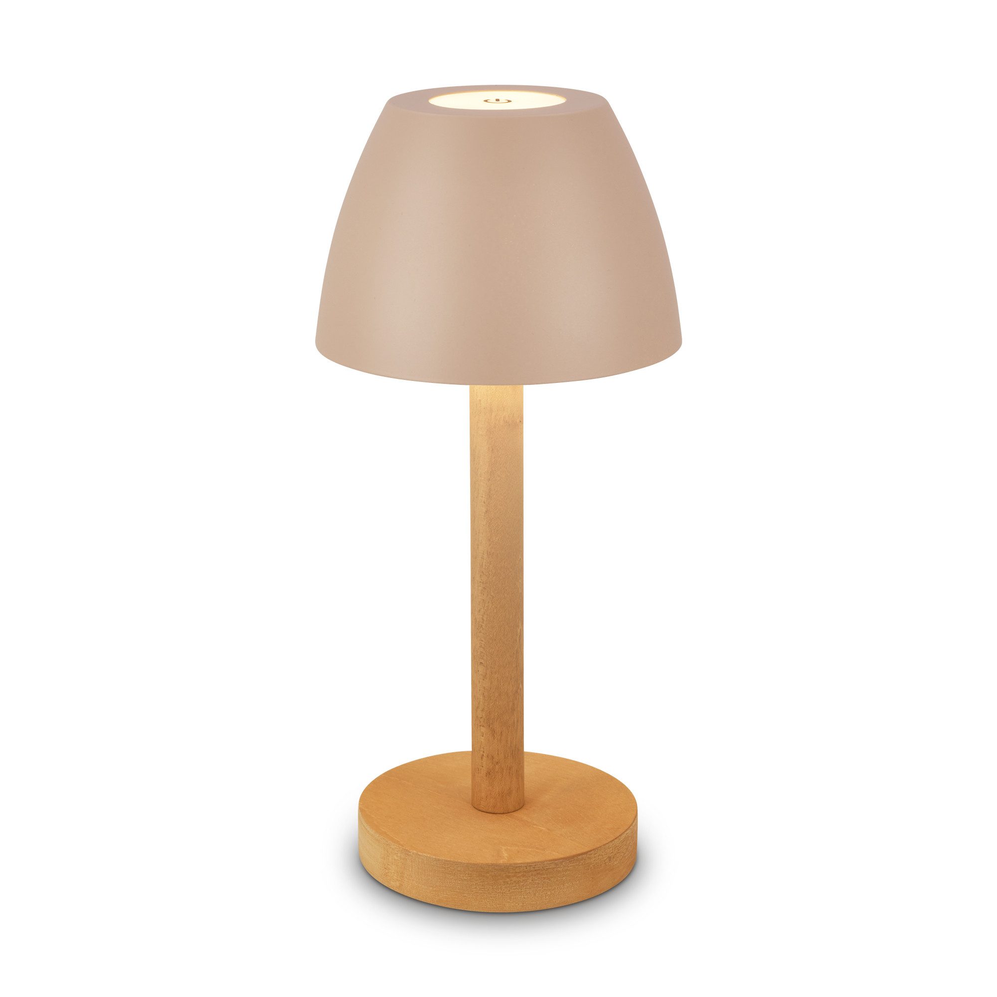 Briloner Leuchten LED Tischleuchte Akku Tischlampe kabellos Holzfuß Indoor/Outdoor, LED fest integriert, 13,5 x 30 cm (DxH) Beige/Anthrazit-Holz 2,5W Wohnzimmer Outdoor