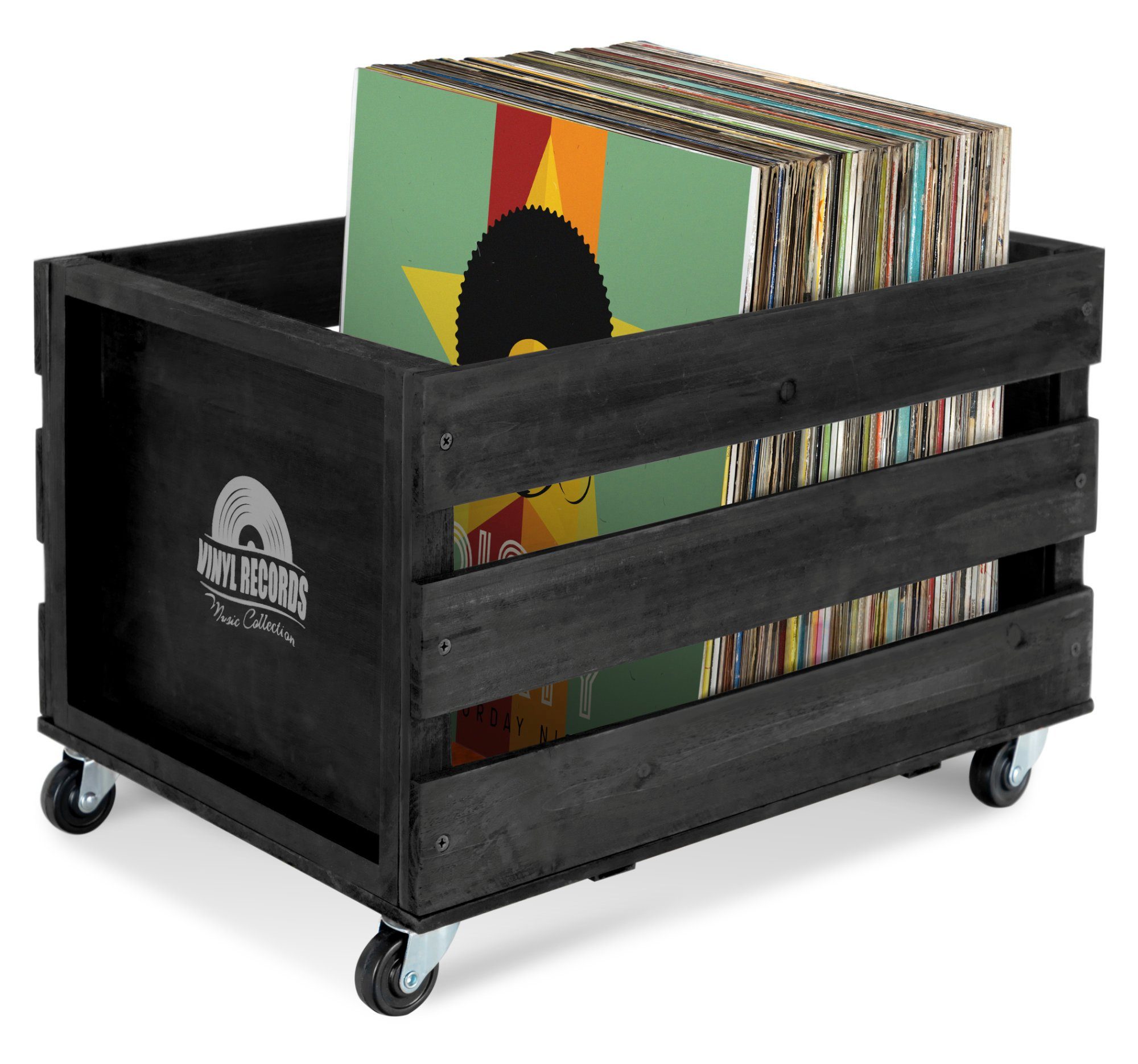 Stagecaptain Holzkiste Emil Schallplattenkiste Holz Schwarz für bis zu 100 LPs (1 St), für bis zu 100 LPs - aus Vollholz im Retro-Design