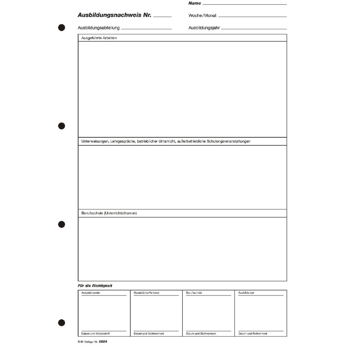 RNK Verlag Formularblock Ausbildungsnachweis wöchentliche/monatliche Eintragung