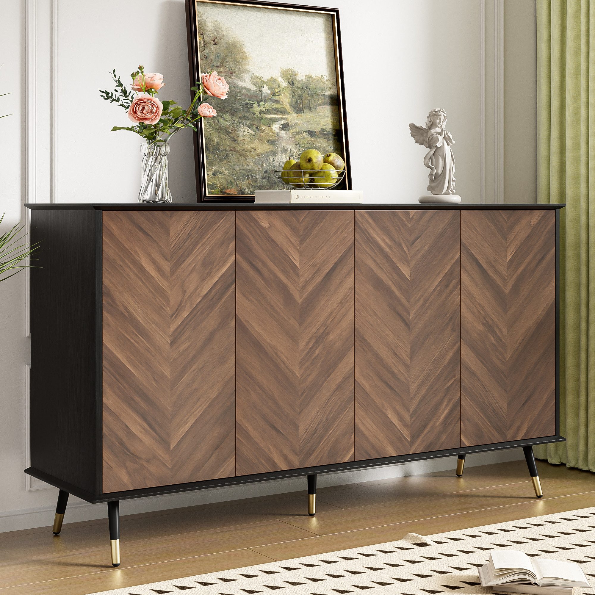 Merax Sideboard mit Fischgrätmuster, schwarzer Korpus günstig online kaufen