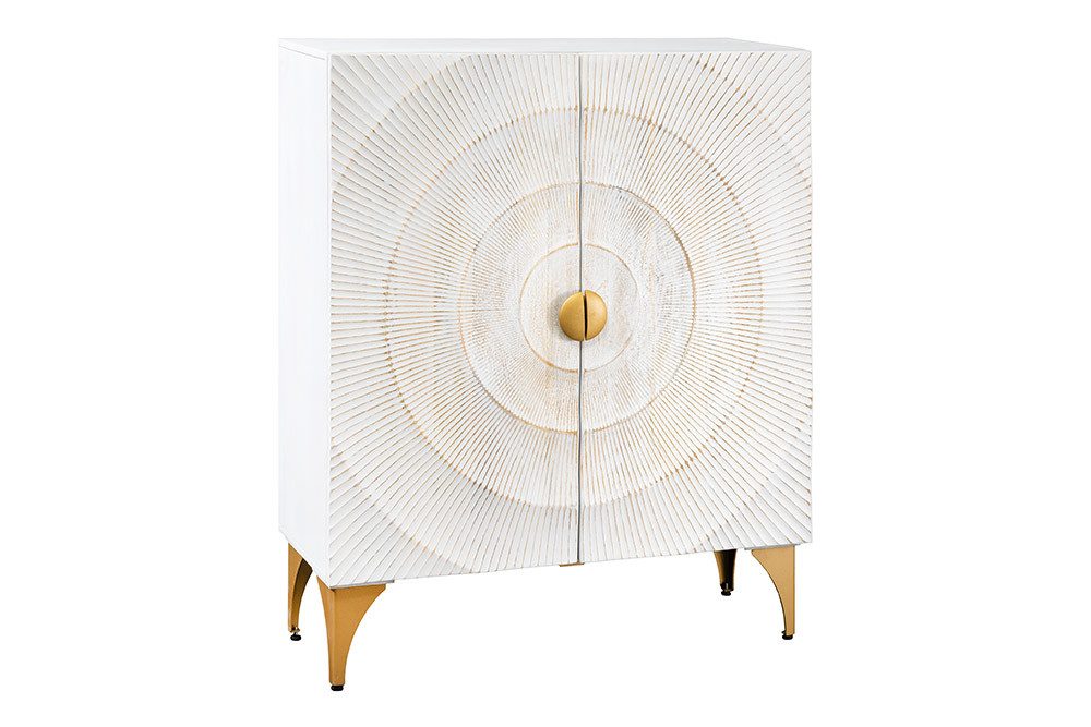 riess-ambiente Highboard GOLDEN SUNSET 120cm weiß/gold - Massivholz, 3D-Front mit Ornament (Einzelartikel, 1 St), Design Schrank mit Stauraum & Türen – ideal für Wohn- oder Esszimmer