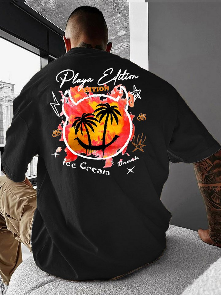 RMK T-Shirt Herren Shirt Top Rundhals mit Strand Smily Palmen Print aus 100% Baumwolle