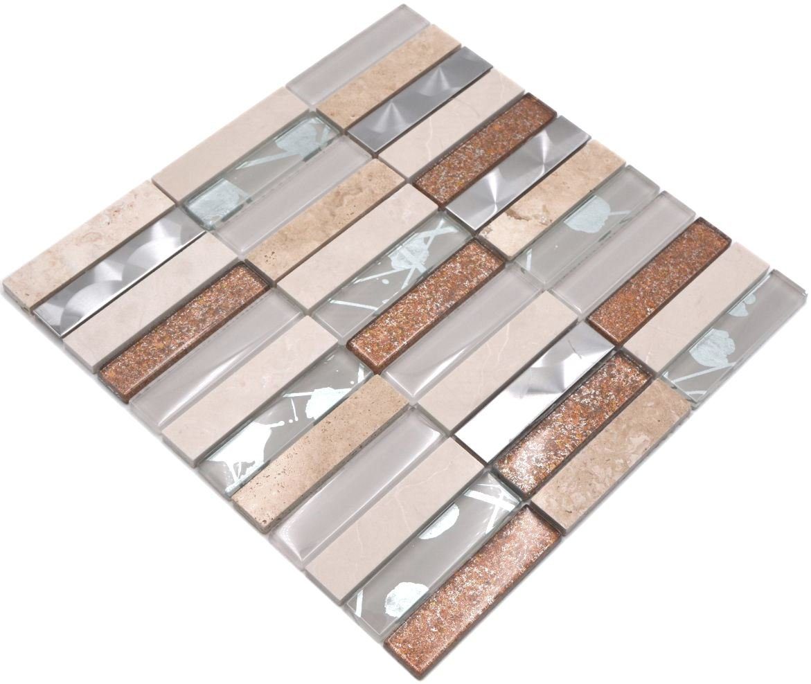 Mosani Mosaikfliesen Riemchen Mosaikfliesen Edelstahl Naturstein beige creme braun