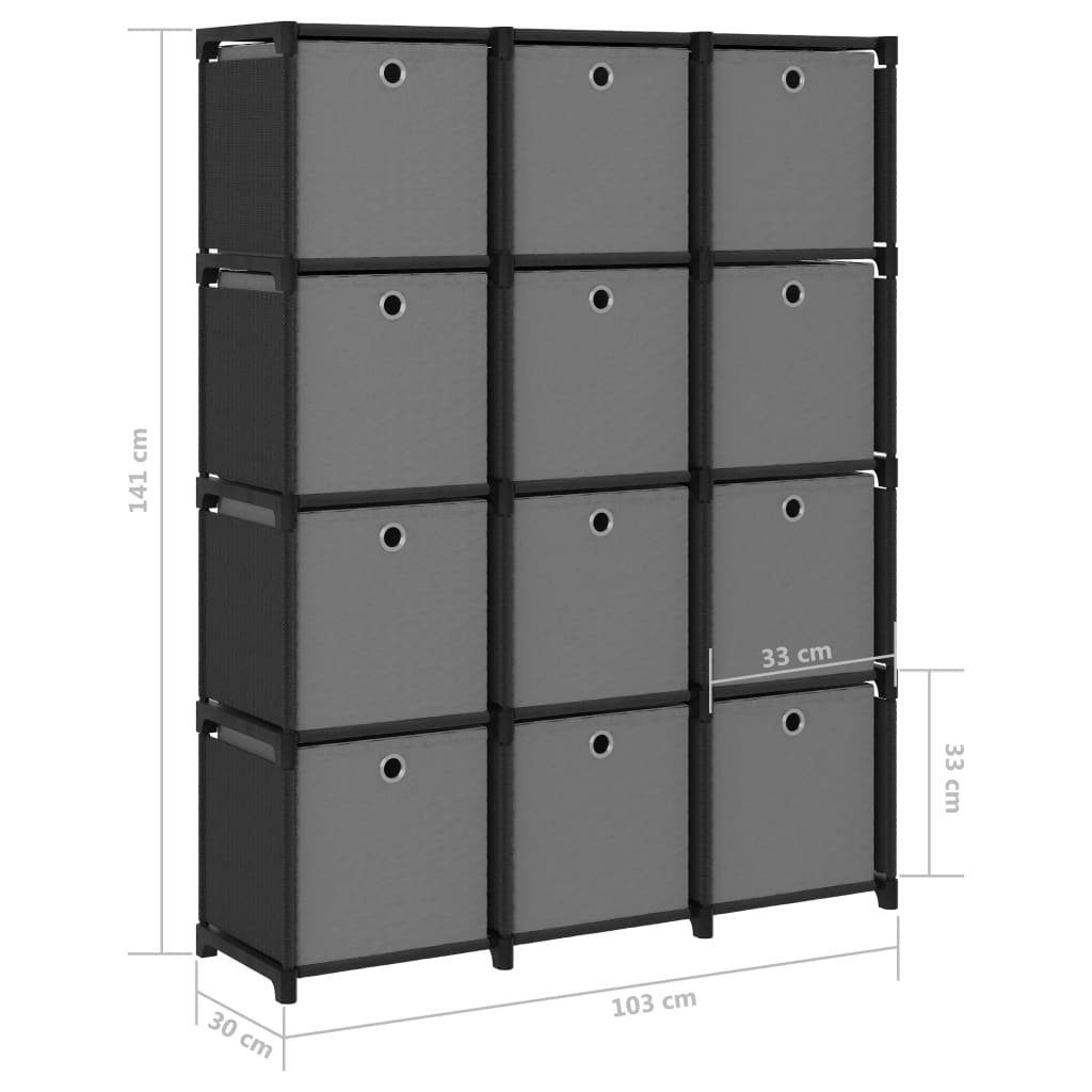 furnicato Bücherregal Würfel-Regal mit Fächer cm 103x30x141 Stoff Schwarz 12 Boxen