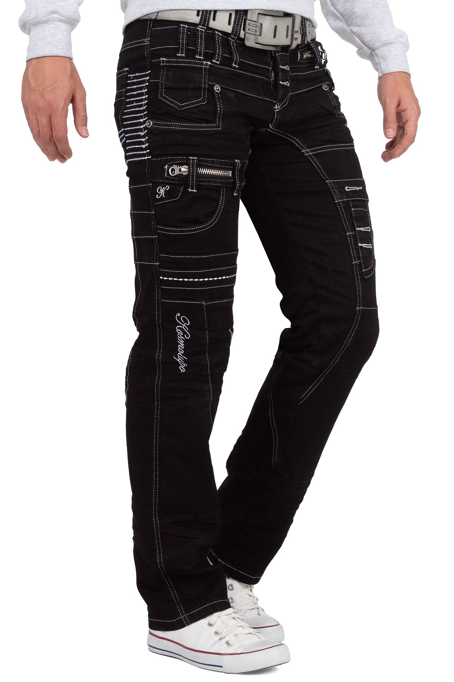 Kosmo Lupo 5-Pocket-Jeans Auffällige Herren Applikationen BA-KM020-1 Hose aufgesetzten mit