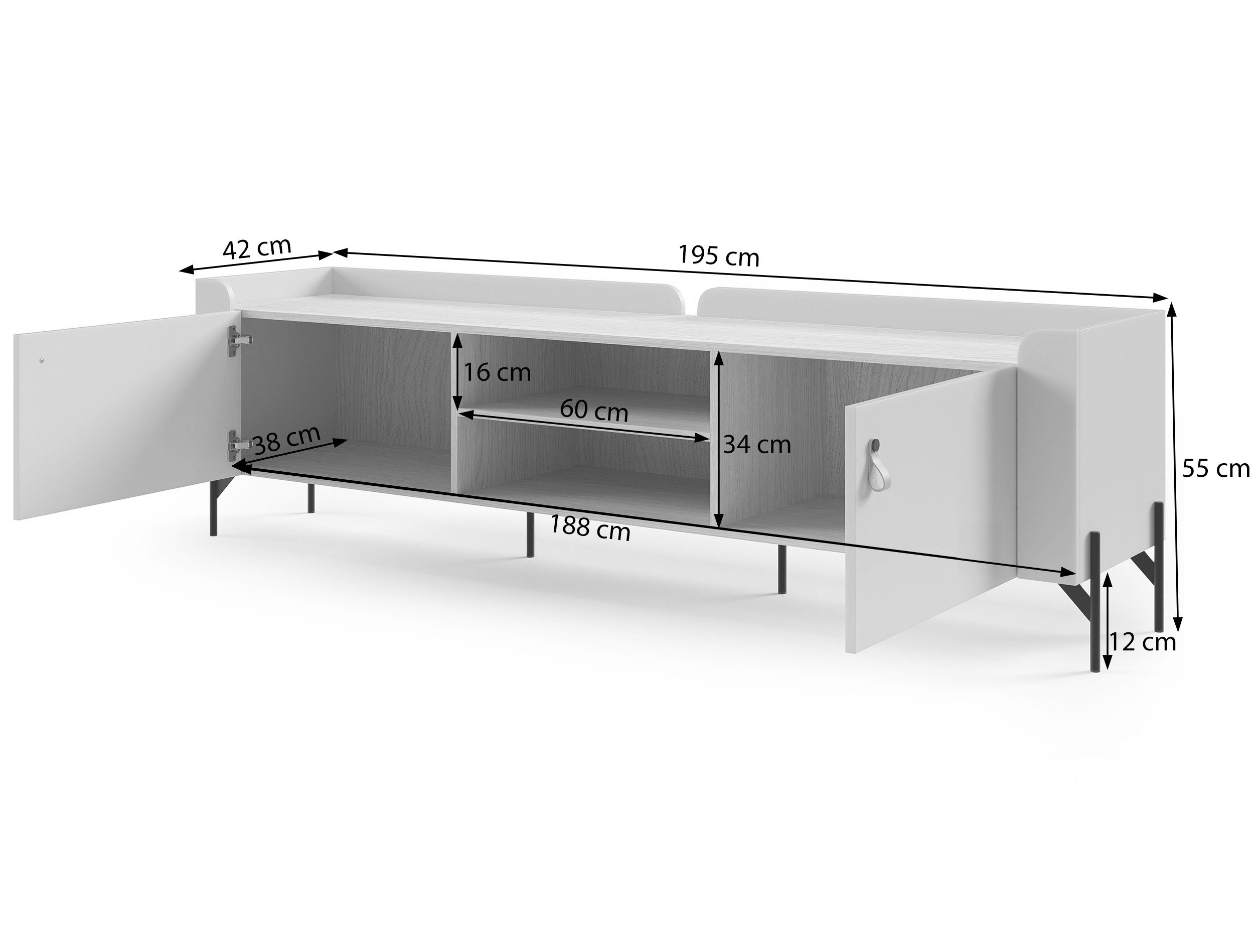 Beautysofa TV-Schrank SORELLA 2-türig, 195 cm (Metallfüßen und Designergriffen aus Leder, modernes Lowboard mit 2 offenen Fächern) Porcini oder Macadamia mit Eiche Mavelie