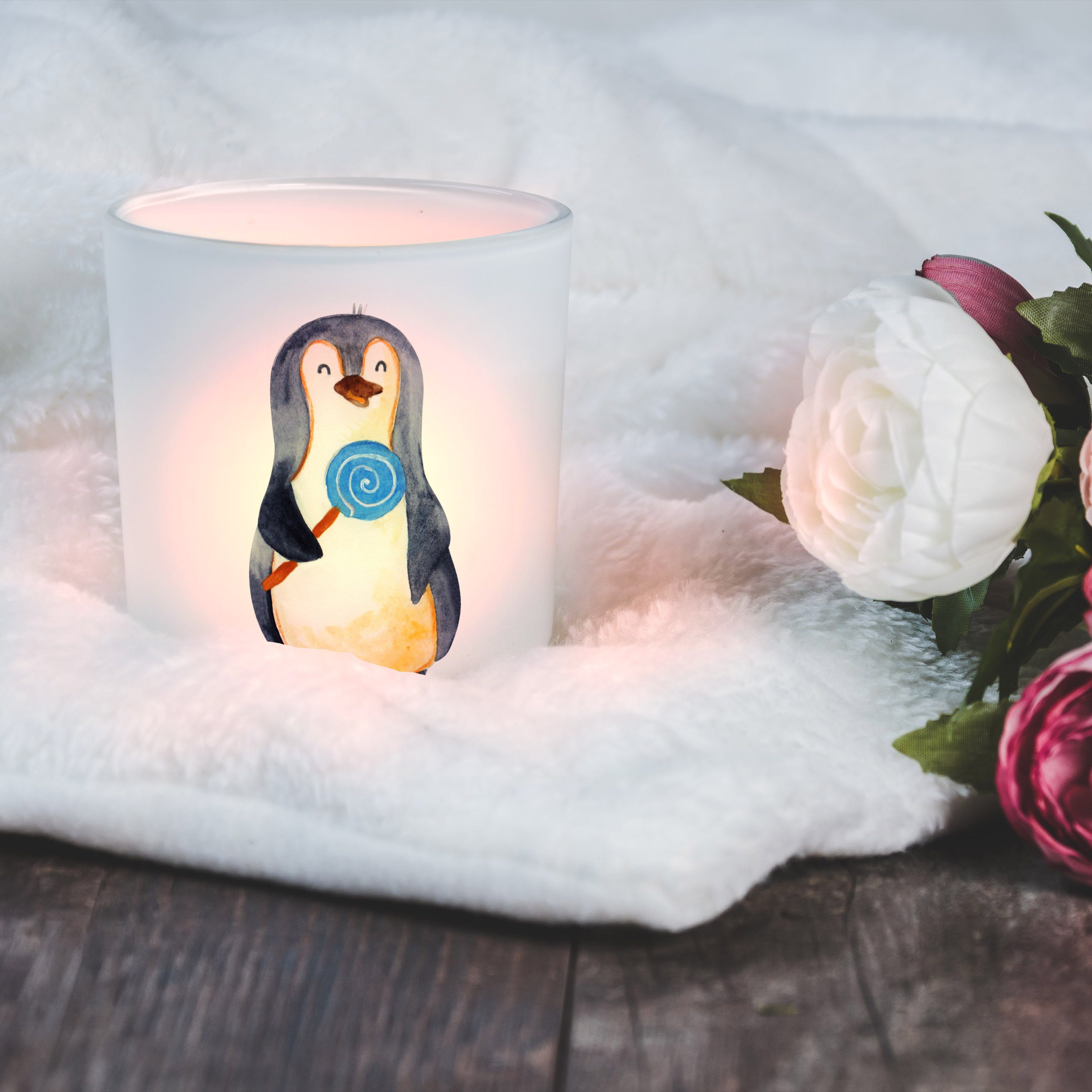 Mr. & Mrs. Panda Windlicht Pinguin Lolli - Transparent - Geschenk, Windlicht Kerze, Gauner, Blöd (1 St)
