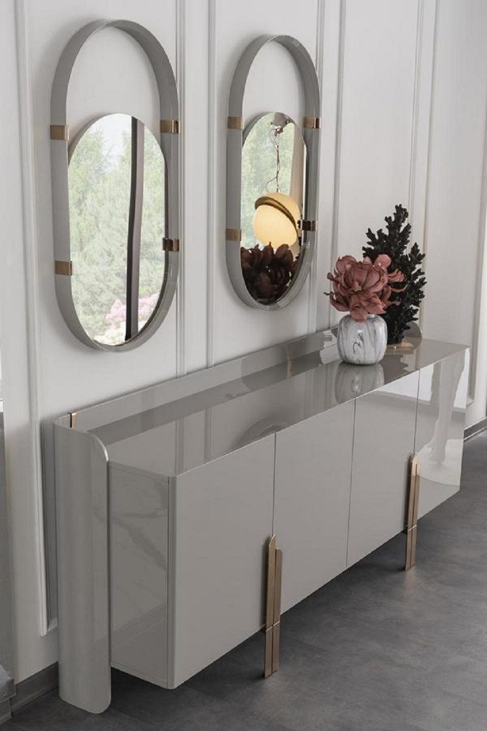 JVmoebel Sideboard Elegante Anrichte mit ovalen Spiegeln in Hochglanz Edelstahl (3 St., Sideboard + 2x Spiegele), Made in Europa