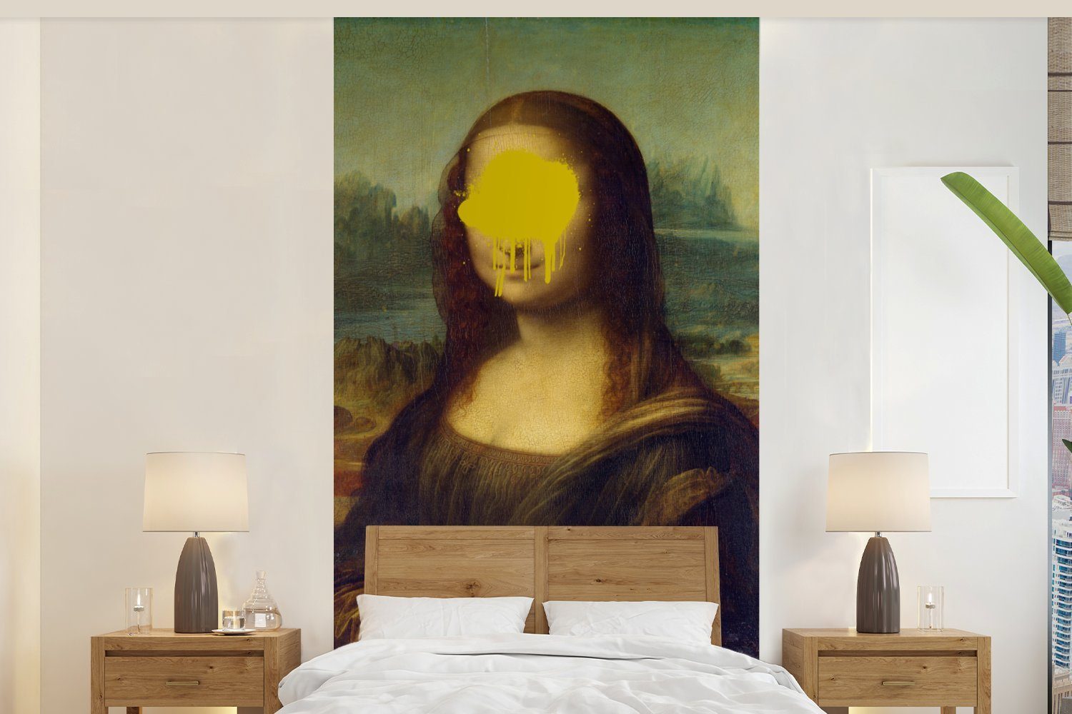 MuchoWow Fototapete Mona Lisa - Farbe - Gelb, Matt, bedruckt, (2 St), Vliestapete für Wohnzimmer Schlafzimmer Küche, Fototapete