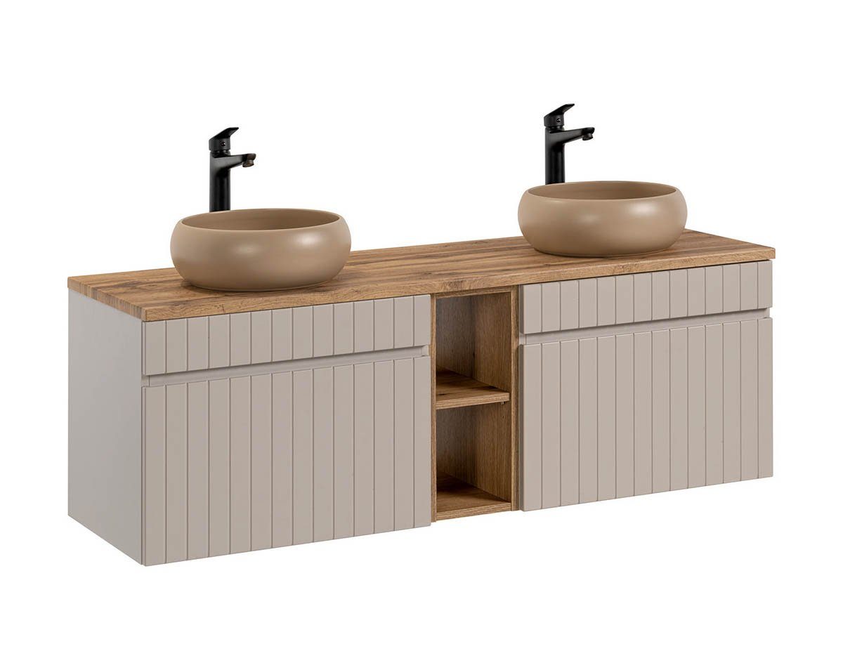 einfachgutemoebel Waschtisch-Set Badezimmer Waschplatz KARATA 140cm, Aufsatzbecken, kaschmir grey, (Badmöbel Set, 1-St., Waschtisch Unterschrank)