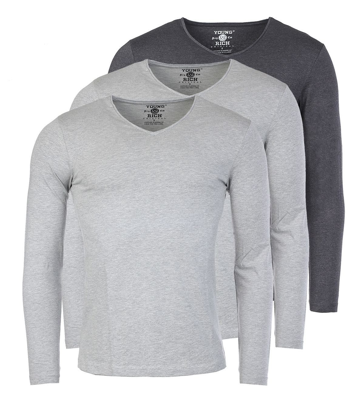 Langarmshirt Herren Uni Basic Longsleeve V-Ausschnitt Unterziehshirt 2001 3er Pack