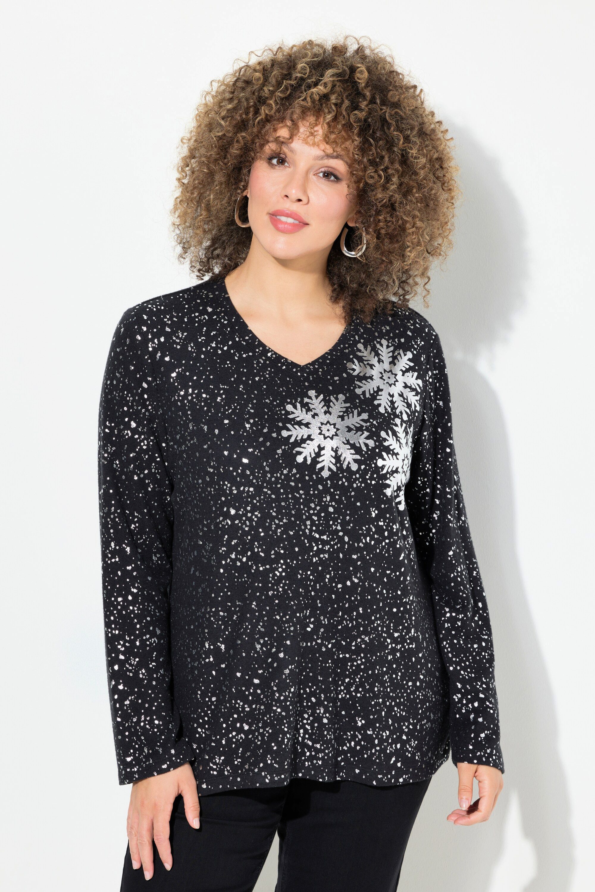 Ulla Popken Sweatshirt Sweatshirt Schneeflocken V-Ausschnitt günstig online kaufen