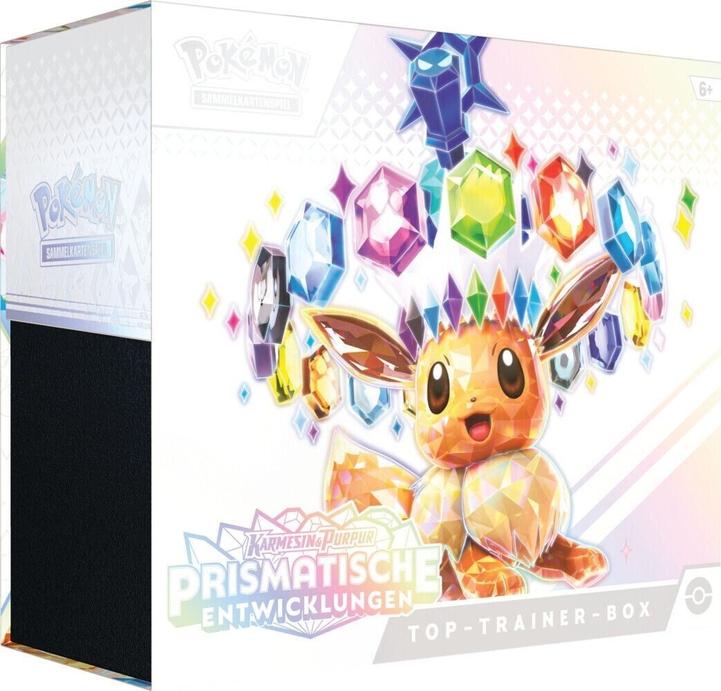 POKÉMON Sammelkarte Karmesin & Purpur Prismatische Entwicklungen Top Trainer Box Deutsch, Enthält 9 Booster Packs