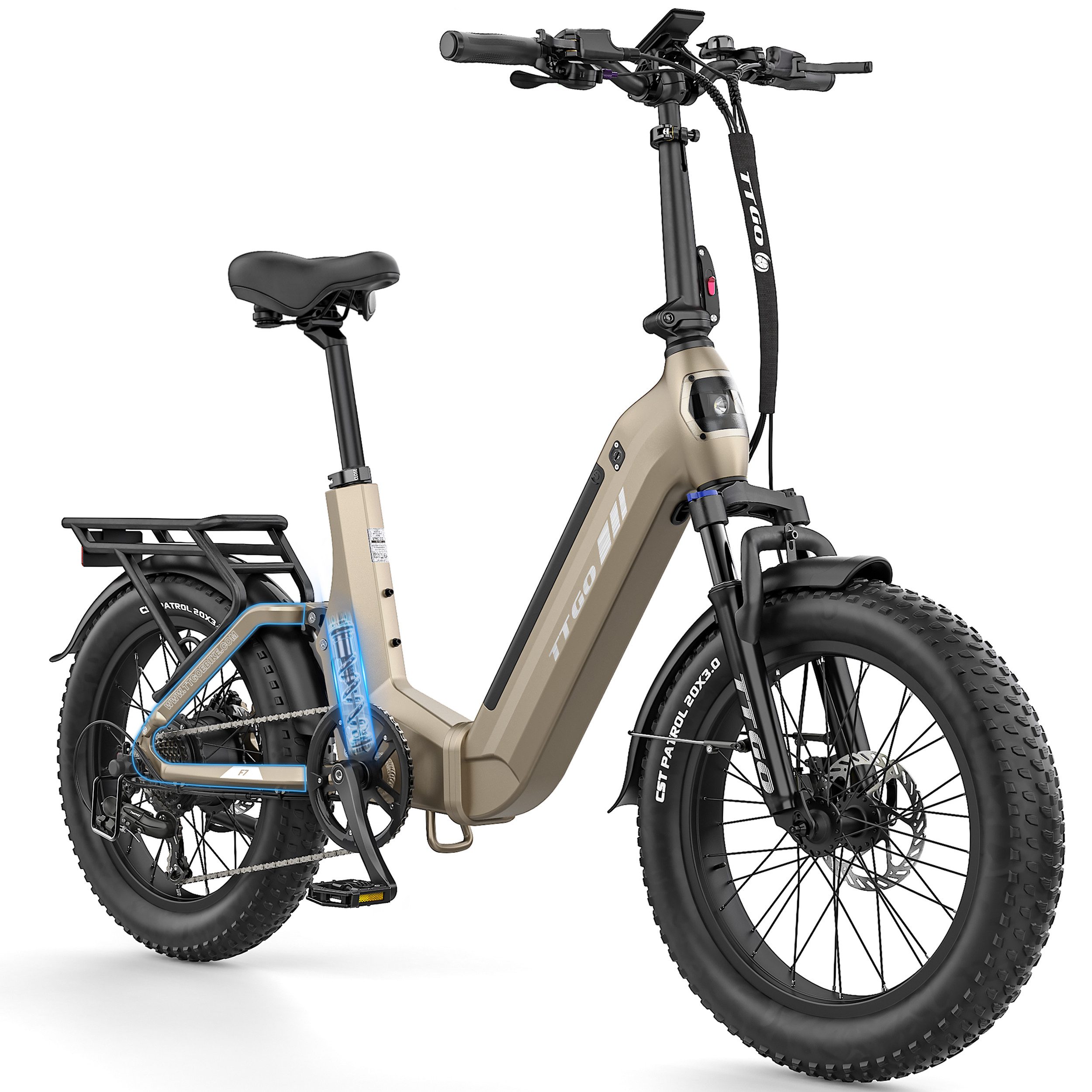 TTGO E-Bike Klapprad 20 Zoll, Fully, Vollfederung, 70Nm Hinterradmotor, 120km, max.150kg, 7 Gang SHIMANO, Kettenschaltung, Heckmotor, 720 Wh, (Softtail, hydr. Scheibenbremse, mit Bremslicht), F7, Drehmomentsensor, Lockout-Federgabel, Elektrofahrrad, Damen Herren