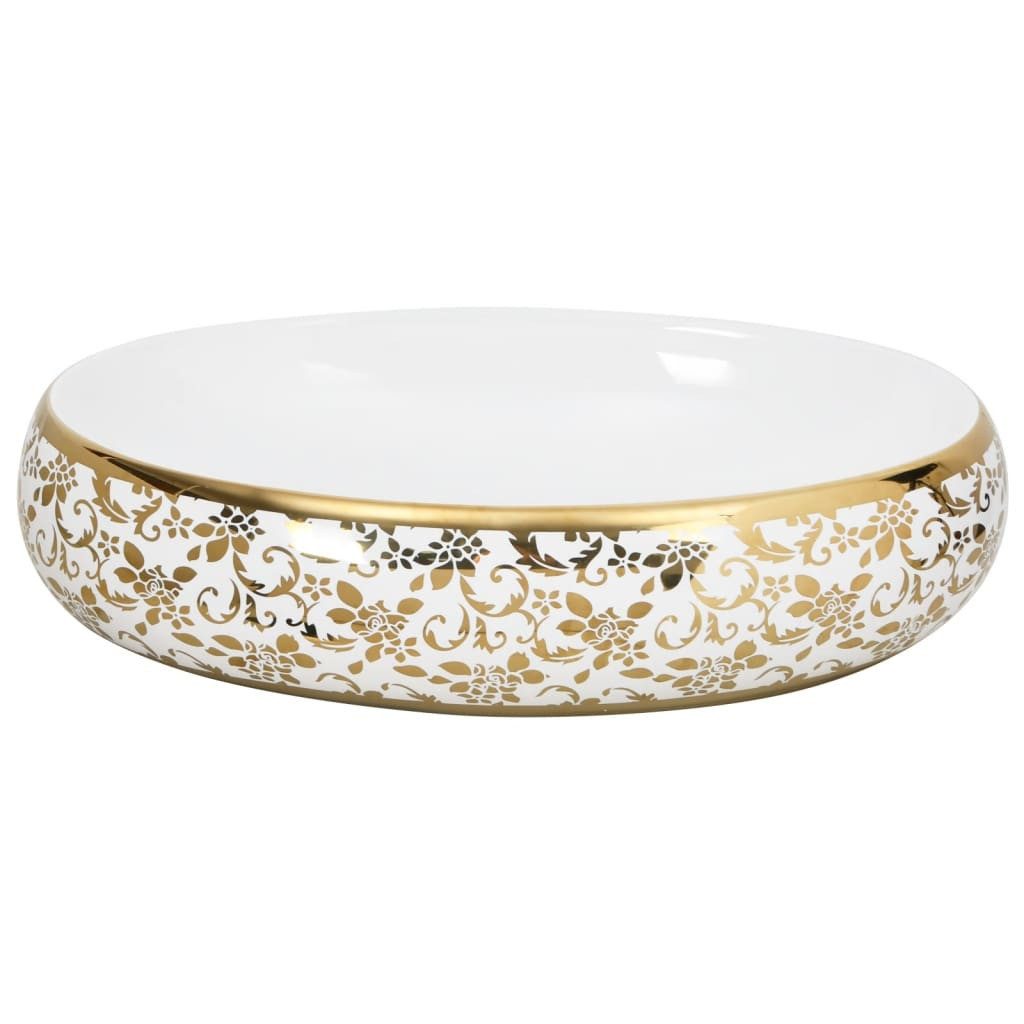 vidaXL Waschbecken 59 x 40 x 15 cm Aufsatzwaschbecken Weiß und Golden Oval 59x40x15 cm Ke