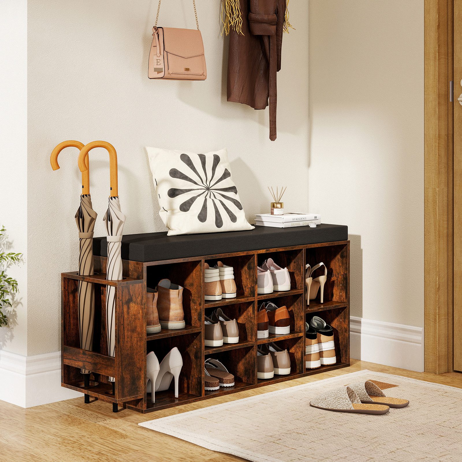 COSTWAY Schuhbank, mit Schirmhalter & gepolsterter Sitzfläche Schuhregal 110cm