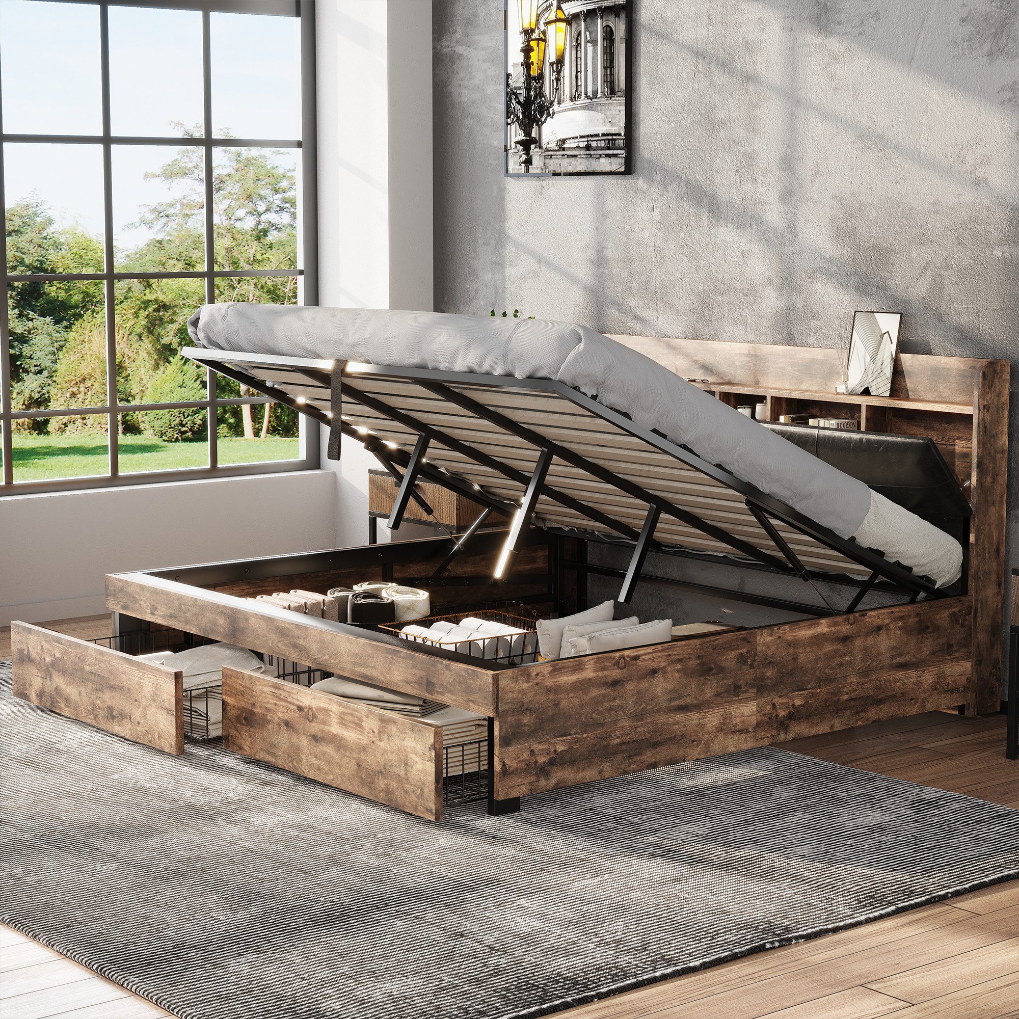 Flieks Holzbett, Hydraulisches Metallbett 160x200cm mit Stauraumkopfteil 2 günstig online kaufen