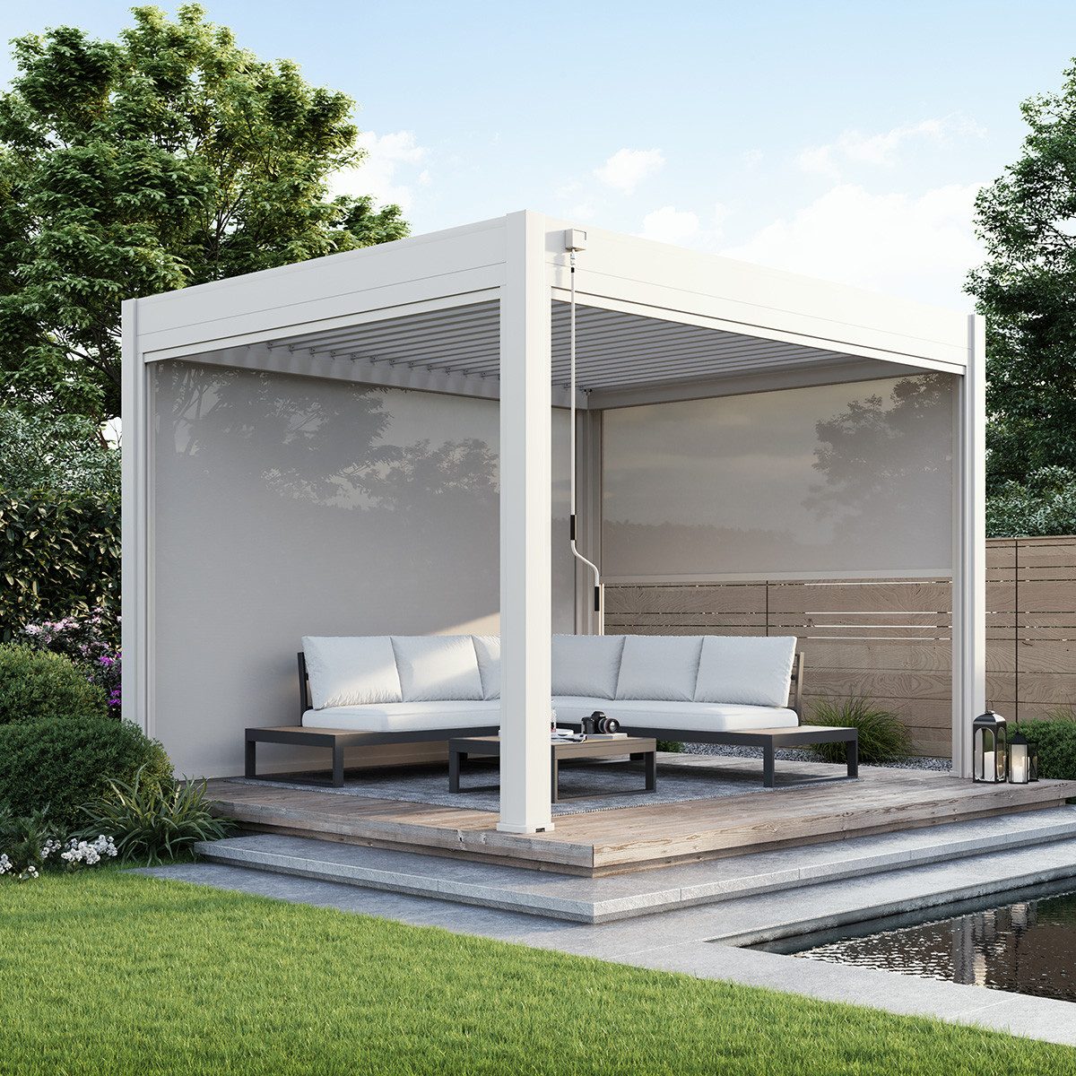 Weide Pavillonseitenteil Sonnenrollo Sichtschutz verstellbar für Weide Pergolen in Weiß, 300x236 cm, Komplettset, Seitenteil