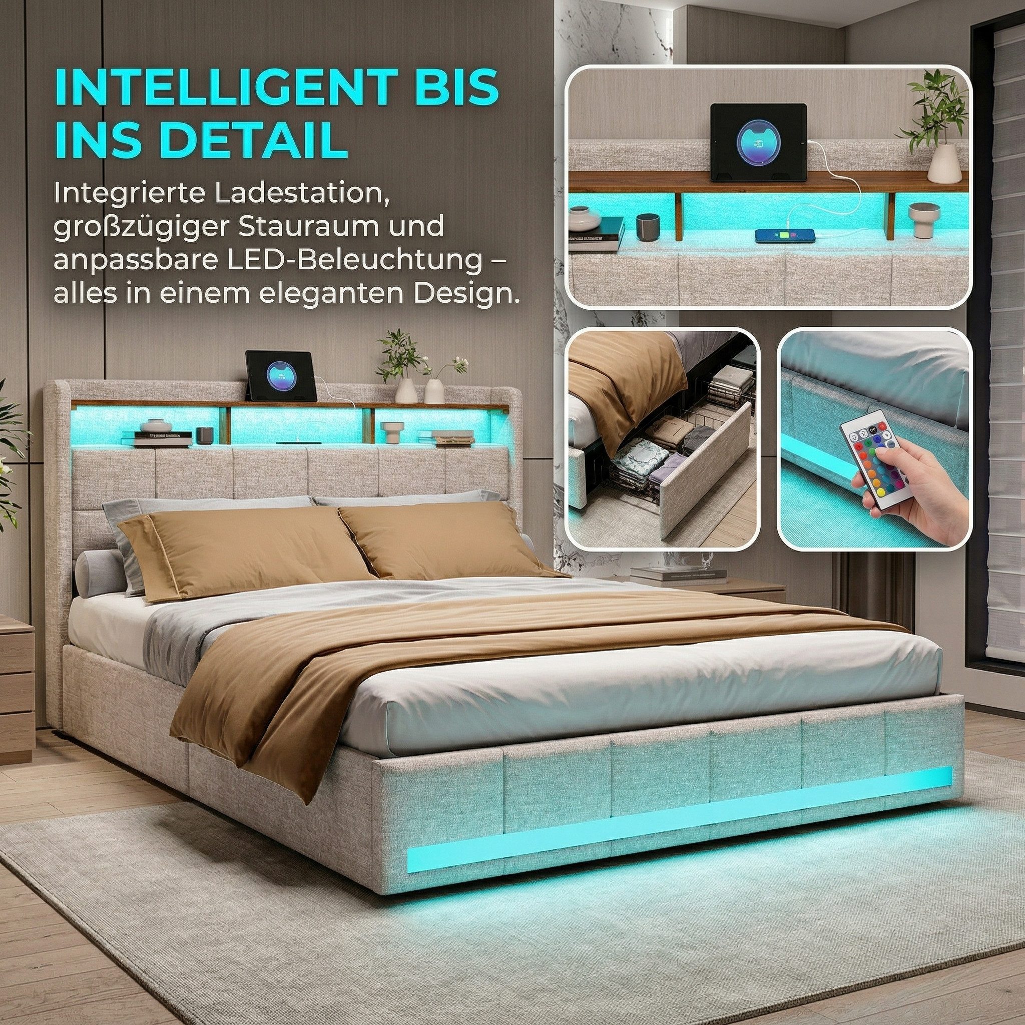 PXloue Polsterbett LED Doppelbett Stauraumbett, mit USB-Laden und Stauraum am Kopfteil,Leinen,180x200 cm – Bild 5 von 5