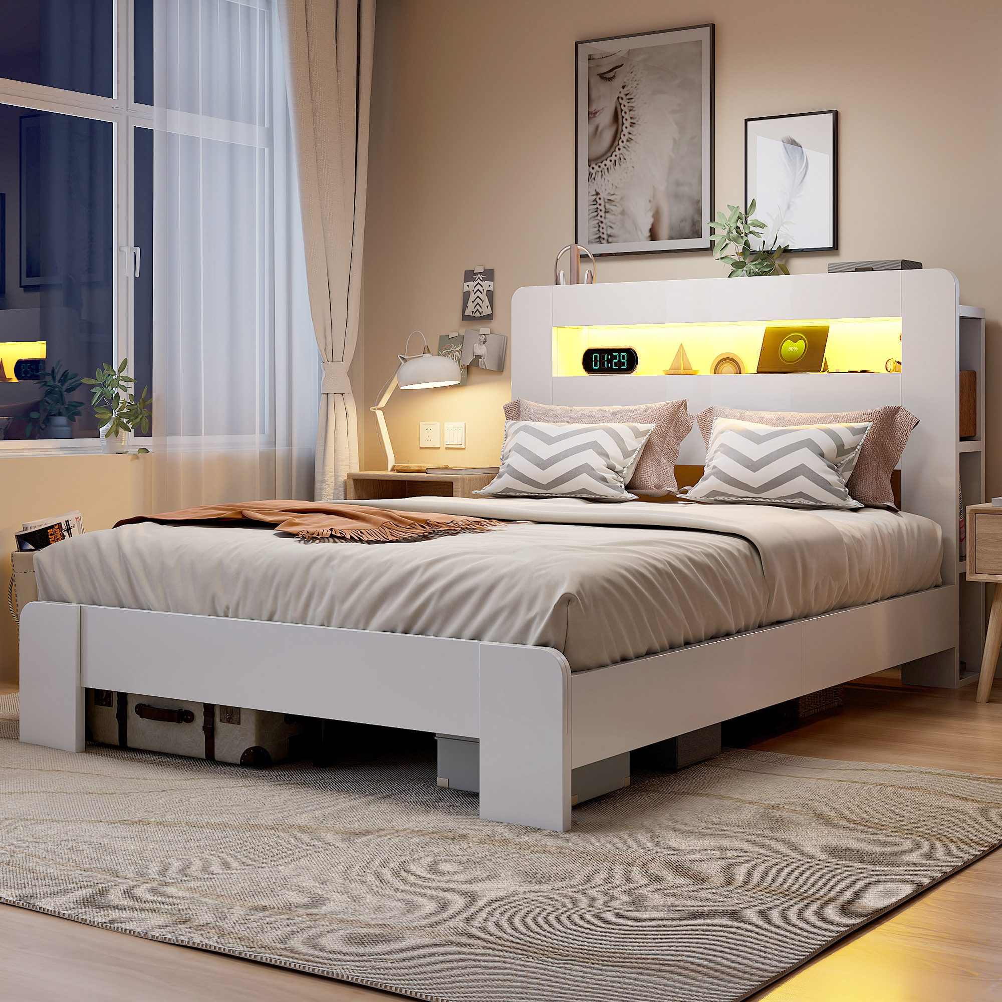 STILVORA Bettgestell 140×200 in Vintage-Holz Jugendbett Plattformbett ohne Matratze (LED-Beleuchtung, Steckdosen, Stauraum, Holz, Vintage-Holzoptik, Plattformbett, bequem, mit Kopfteilablage), für Schlafzimmer, Jugendzimmer, Gästezimmer, kleine Räume