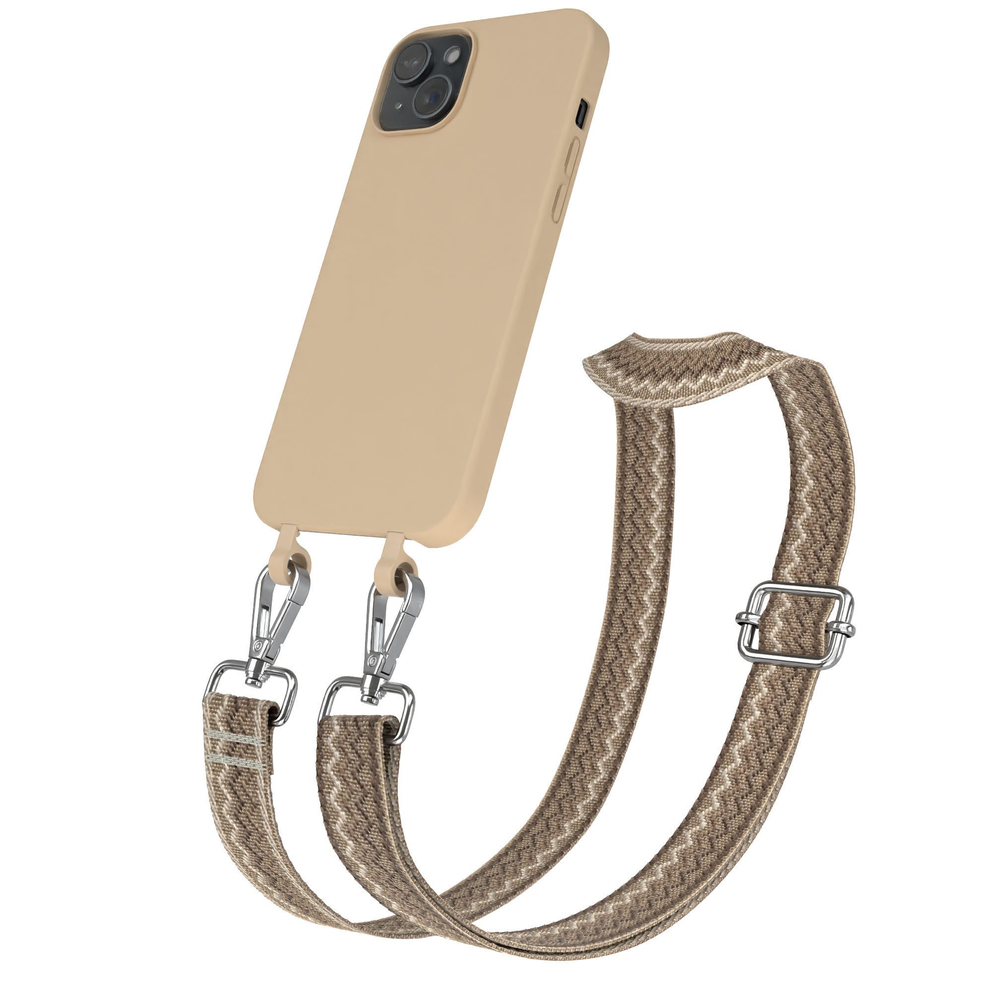 EAZY CASE Handykette 2in1 TPU Hülle mit Band für Apple iPhone 15 Plus 6,7 Zoll, Handykette Wave Umhängen Slim Phone Chain Festivalbag Smartphone Braun