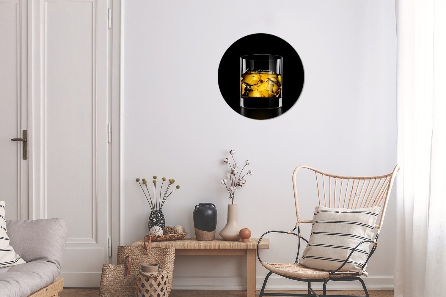 MuchoWow Gemälde Glas mit Wohnzimmer, Forex, 30x30 Rundes Whisky, Wanddekoration Kreis (1 Wandbild, St), cm