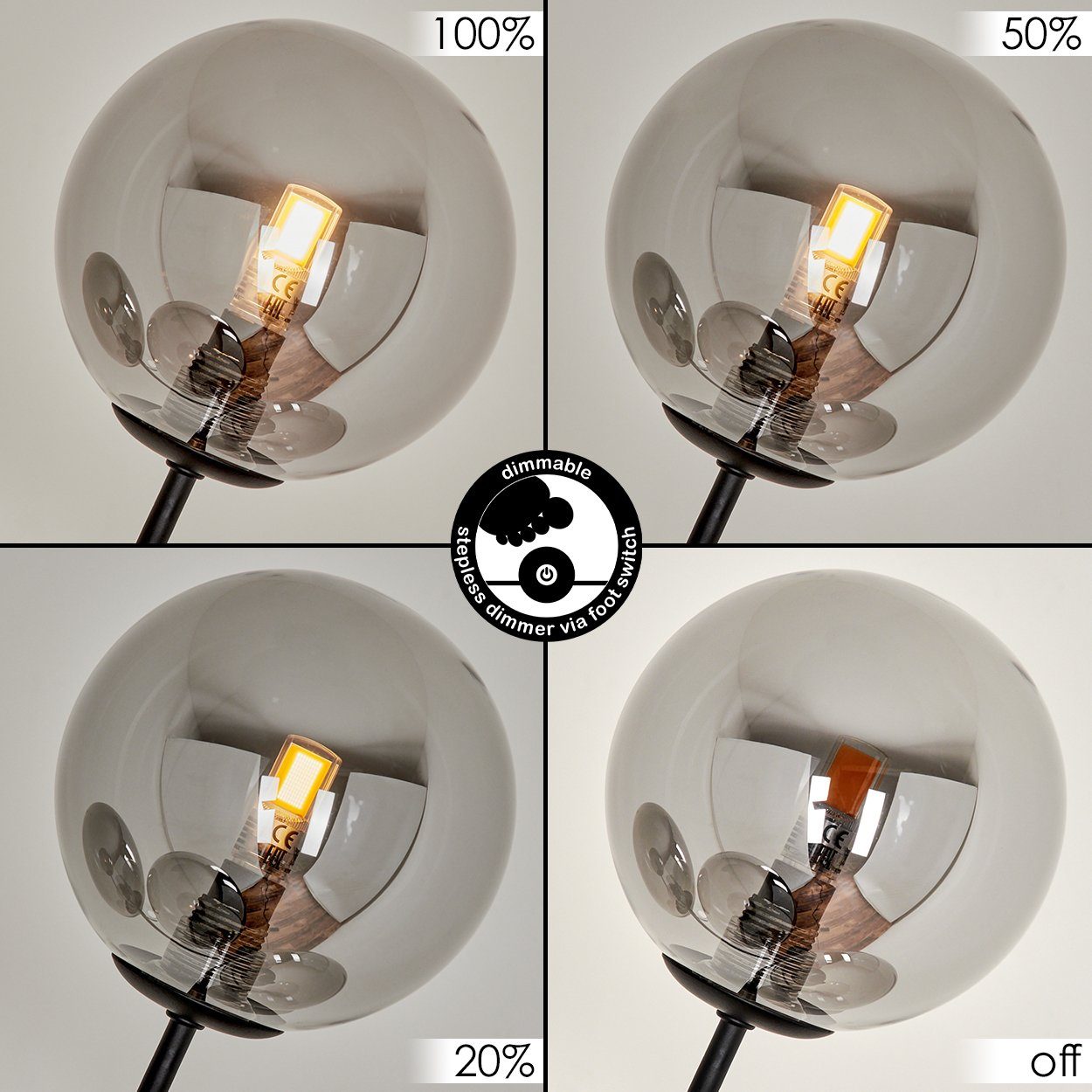 aus Leuchtmittel Stehlampe dimmbar, Ø12cm, Metall/Glas Leuchtmittel, 5xG9, Stehlampe Schwarz/Rauchfarben, Glaskugeln Standleuchte ohne in hofstein ohne dimmbare