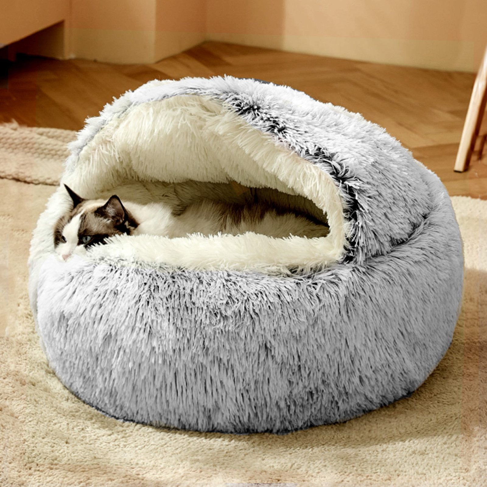 CALIYO Tierbett Flauschiges Katzenbett, rund, weiches Plüsch, Höhle mit Kap günstig online kaufen