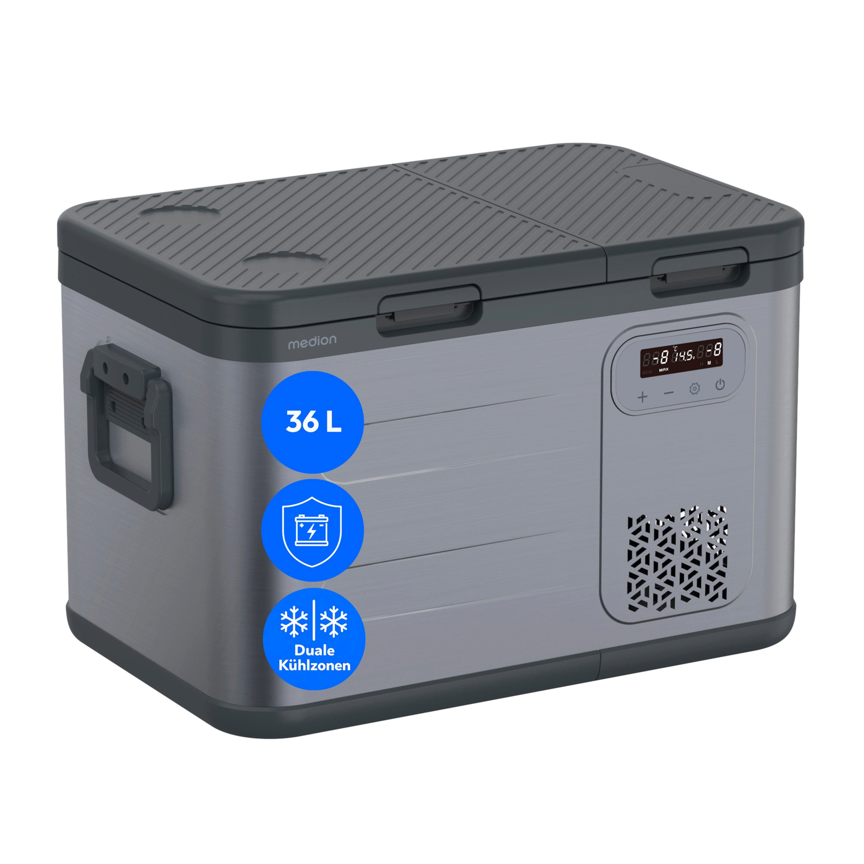 Medion® Kühlbox mobil Kompressor Kühlbox, 36L Kapazität, Duale Kühlzonen, 12V 24V 230V, Aluminium Design