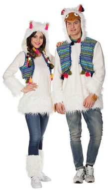 Karneval-Klamotten Kostüm Lama Damen Alpaka Tier Erwachsene Damenkostüm, Lama-Tunika mit weißer Fellbeinstulpen und einer separaten Kapuze