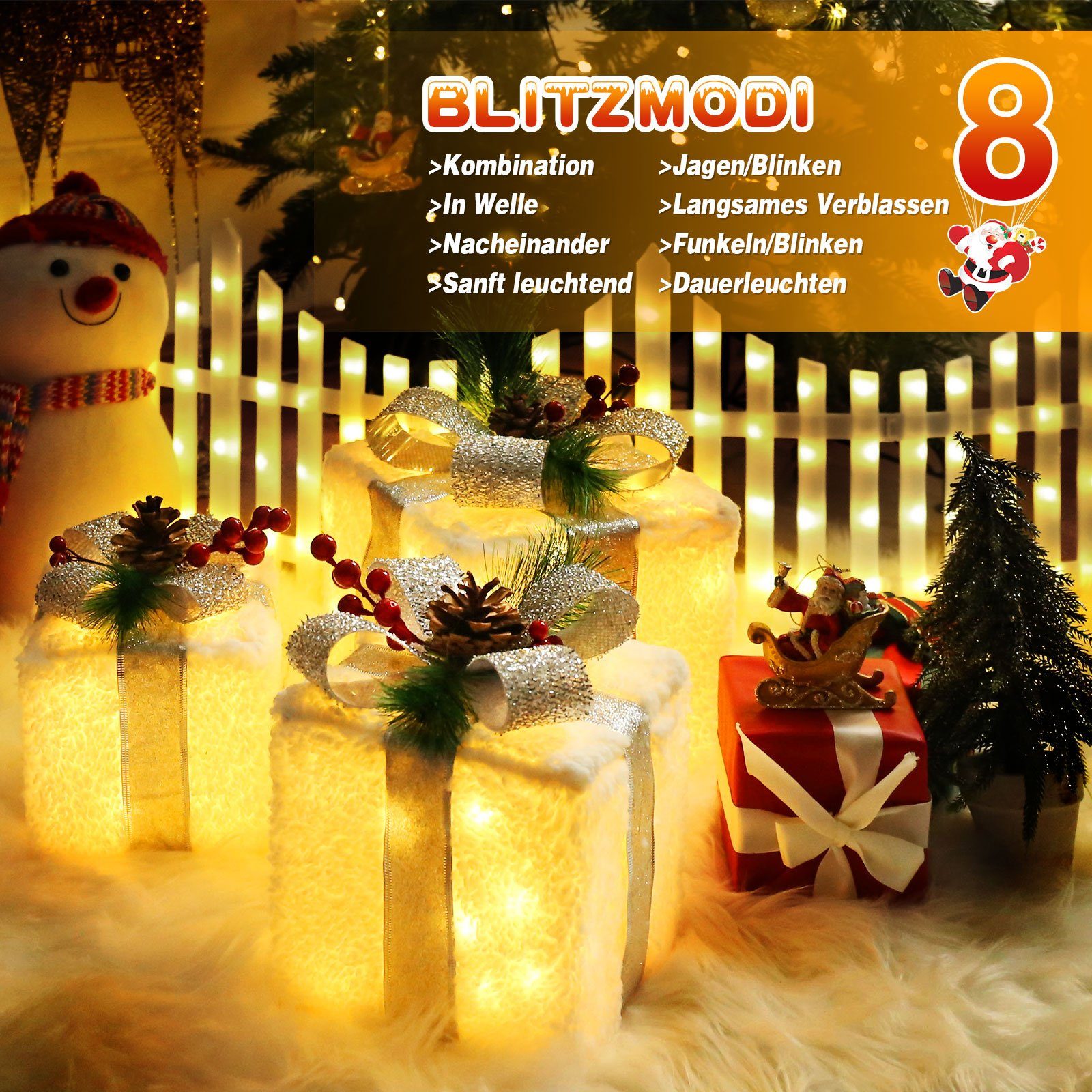 Quntis Weihnachtsfigur 3er Set LED Geschenkbox Weihnachten, Weihnachtsdeko mit Stecker, Timer (3 St), 60 warmweiße LEDs, Weihnachtsbeleuchtung für Baum, Fenster – Bild 4 von 5