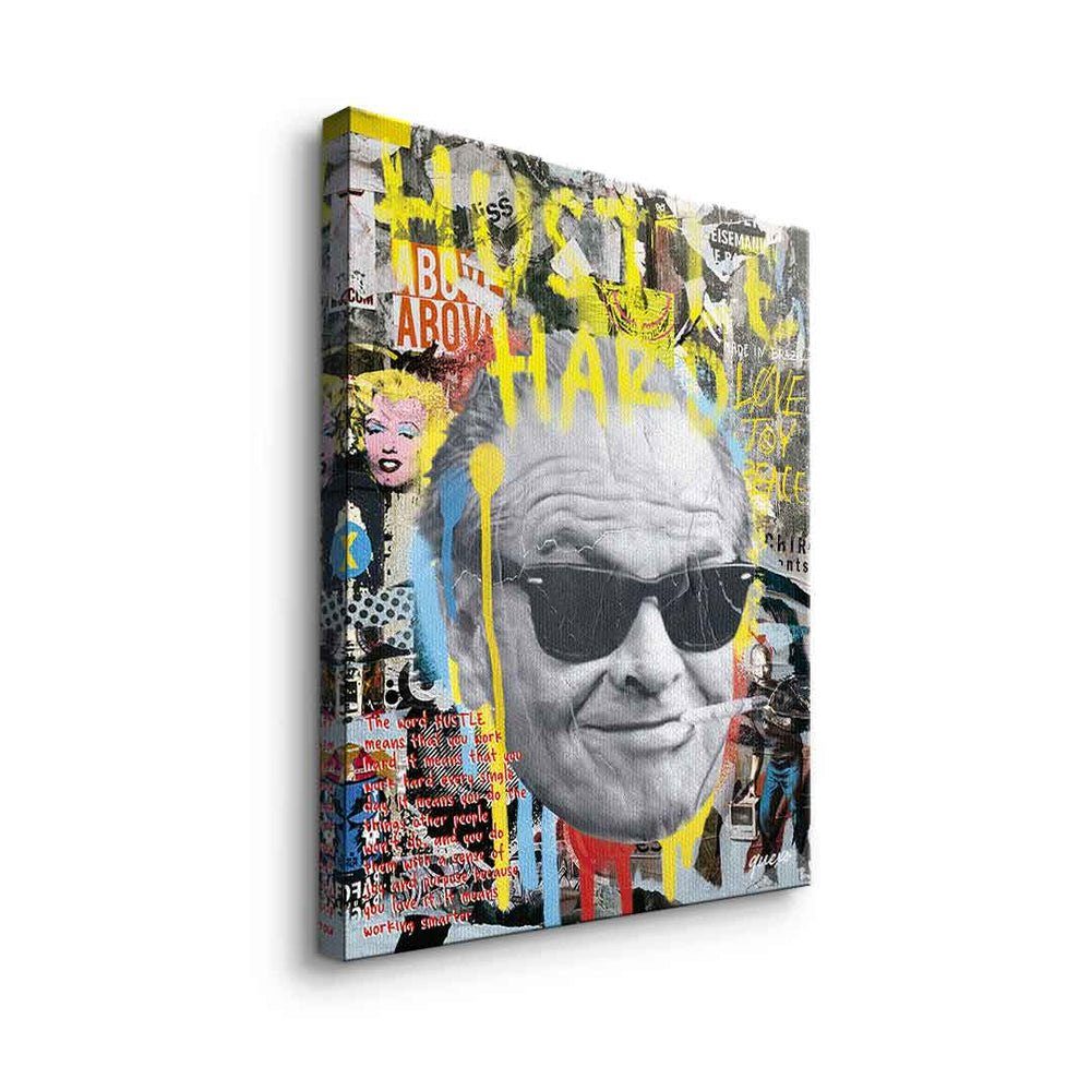 Streetart Art schwarzer Leinwandbild, DOTCOMCANVAS® Leinwandbild Pop Jack Collage Hard Rahmen Nicholson Hustle