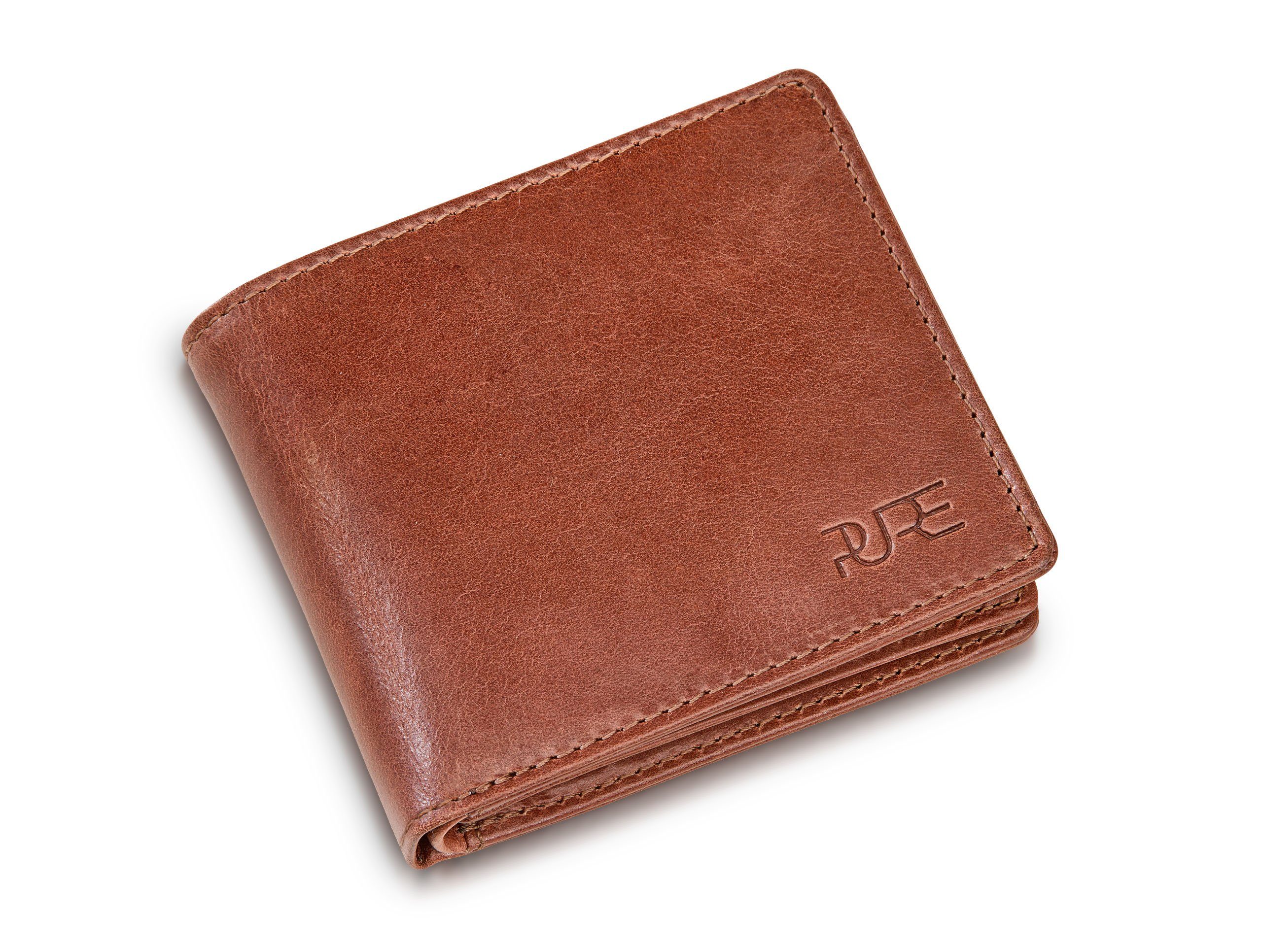 PURE Leather Studio Geldbörse Geldbeutel CASTOR Trifold, Herren Brieftasche Trifold Portemonnaie mit geprüftem RFID Schutz cognac
