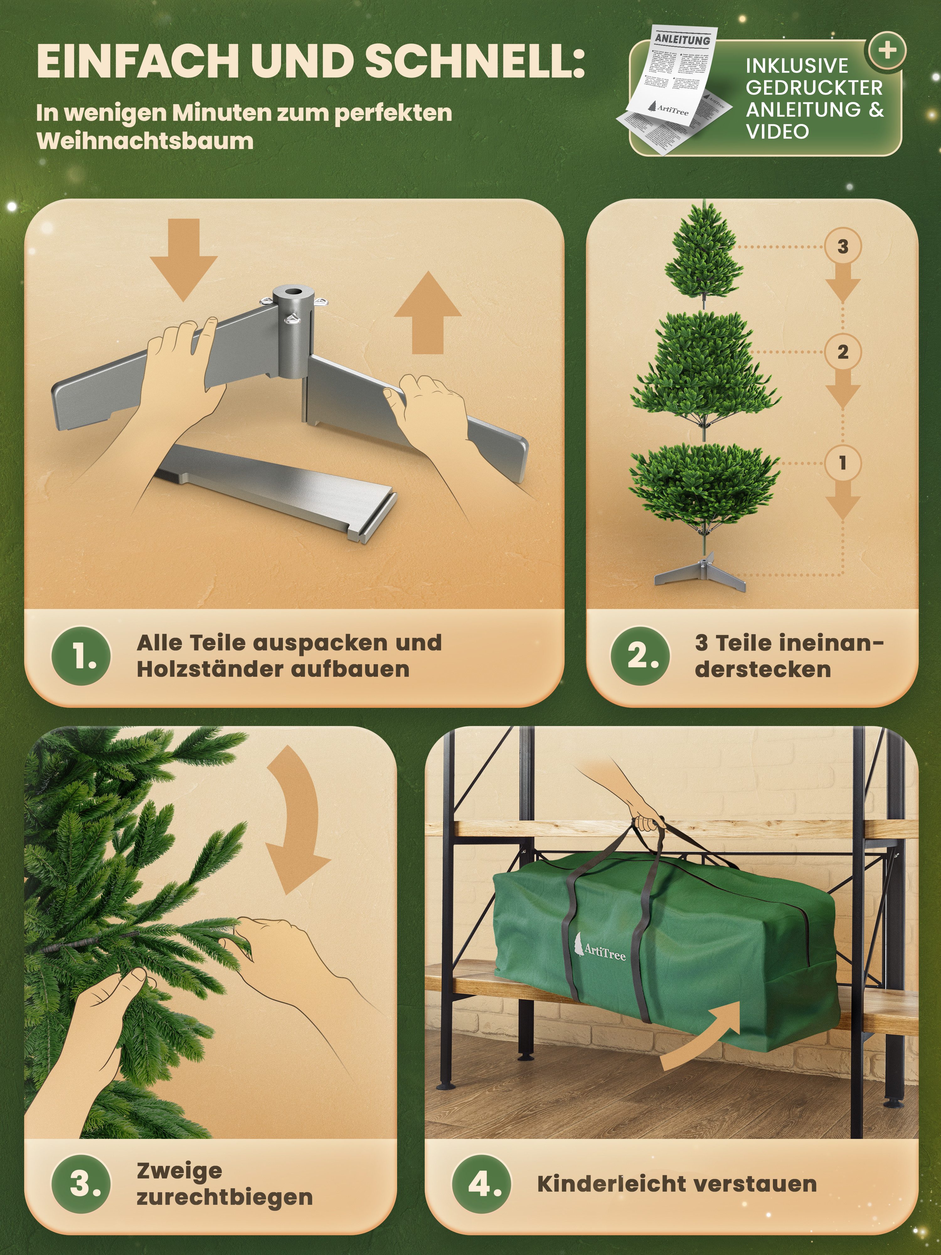 ArtiTree Künstlicher Weihnachtsbaum Nordfichte 100% PE Spritzguss, ohne Beleuchtung, 100-270 cm, wie echt, Kein nadeln, Inkl. Holzständer und Aufbewahrungstasch – Bild 5 von 5