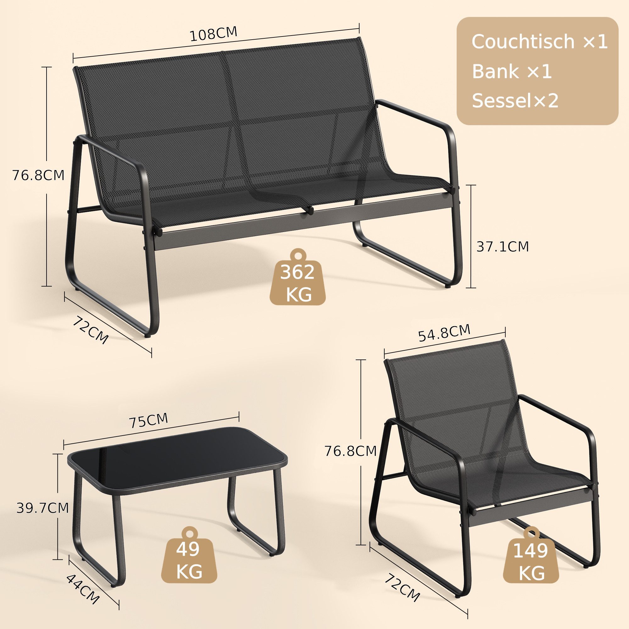 Blishom Gartenlounge-Set 4-tlg. Garten-Sitzgruppe, Balkonmöbel Sitzgruppe, 2 Einzelsessel, 2-Sitzer Gartenbank, Glas-Beistelltisch, wetterfest