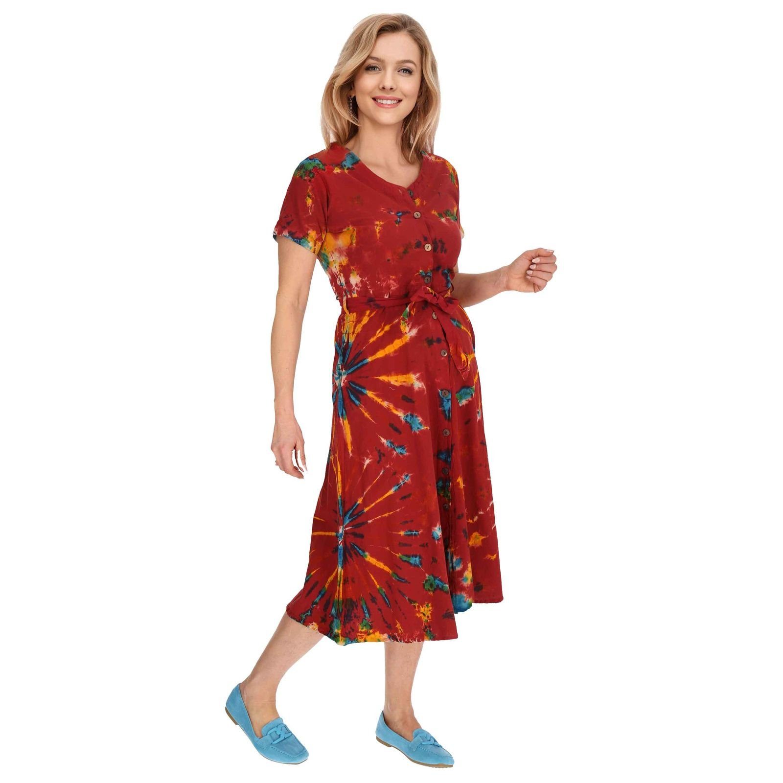 UND Ibiza Sommerkleid MAGIE Batik Tie Dye Baumwoll Rot Kleid Latzhose Hippie KUNST Kleid Boho