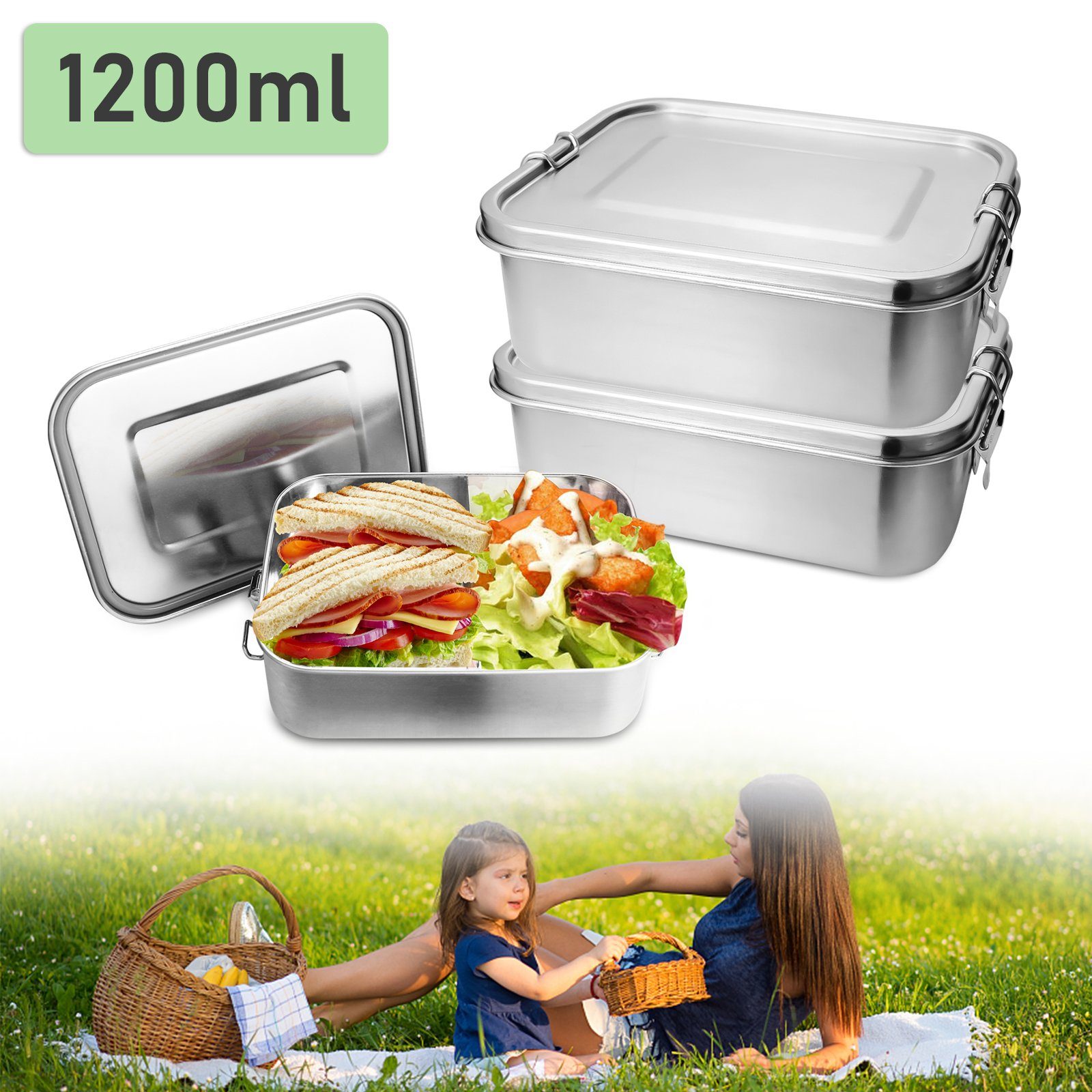 Lunchbox für Silber TolleTour Büro Schule Nachhaltige Lunchbox 2X1200ml Brotdose - Edelstahl Picknick