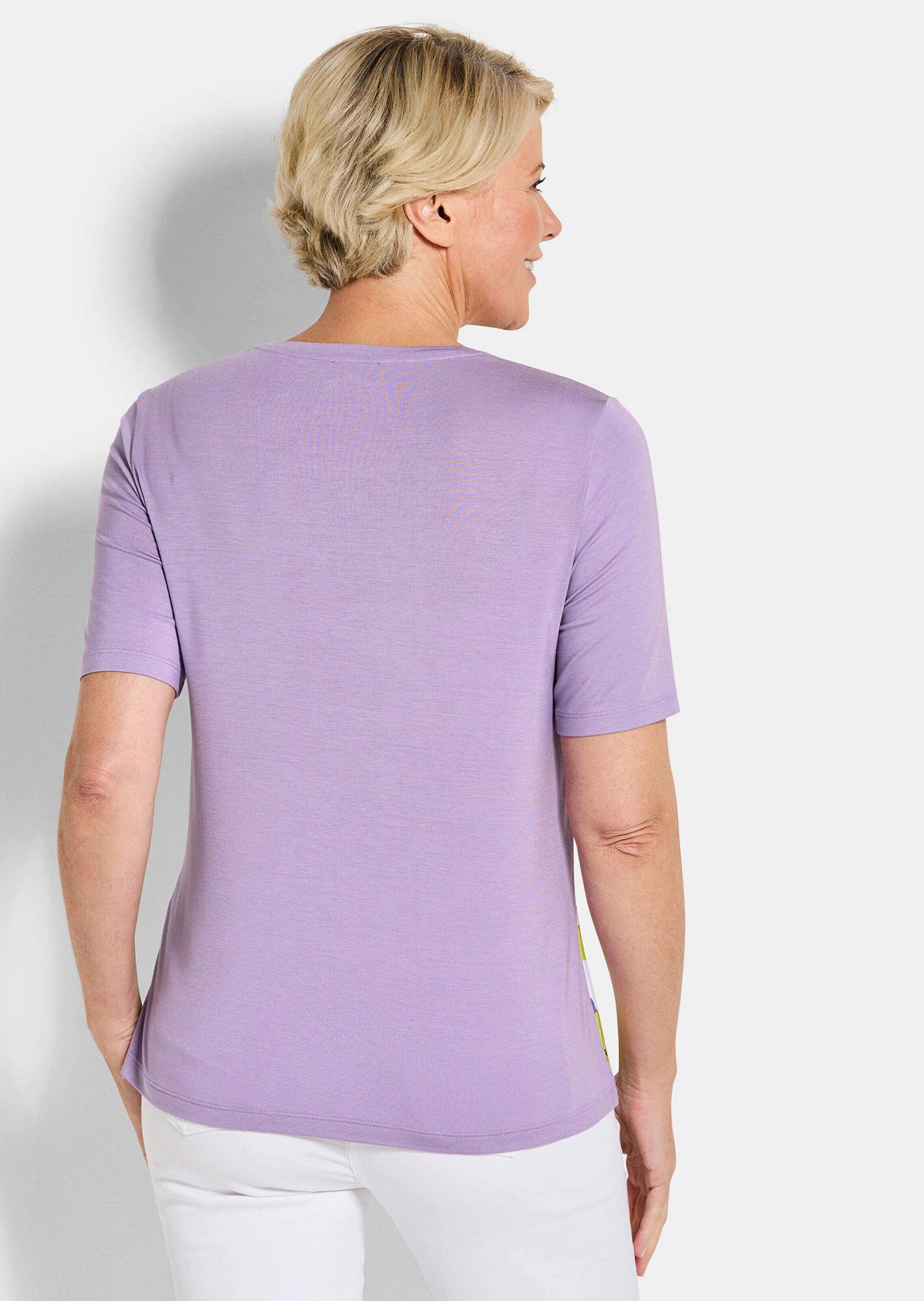 GOLDNER Shirtbluse Kurzgröße: Glanzshirt mit floralem Paisley-Muster Schlupfbluse mit Rundhals, Glitzersteinen und Halbarm