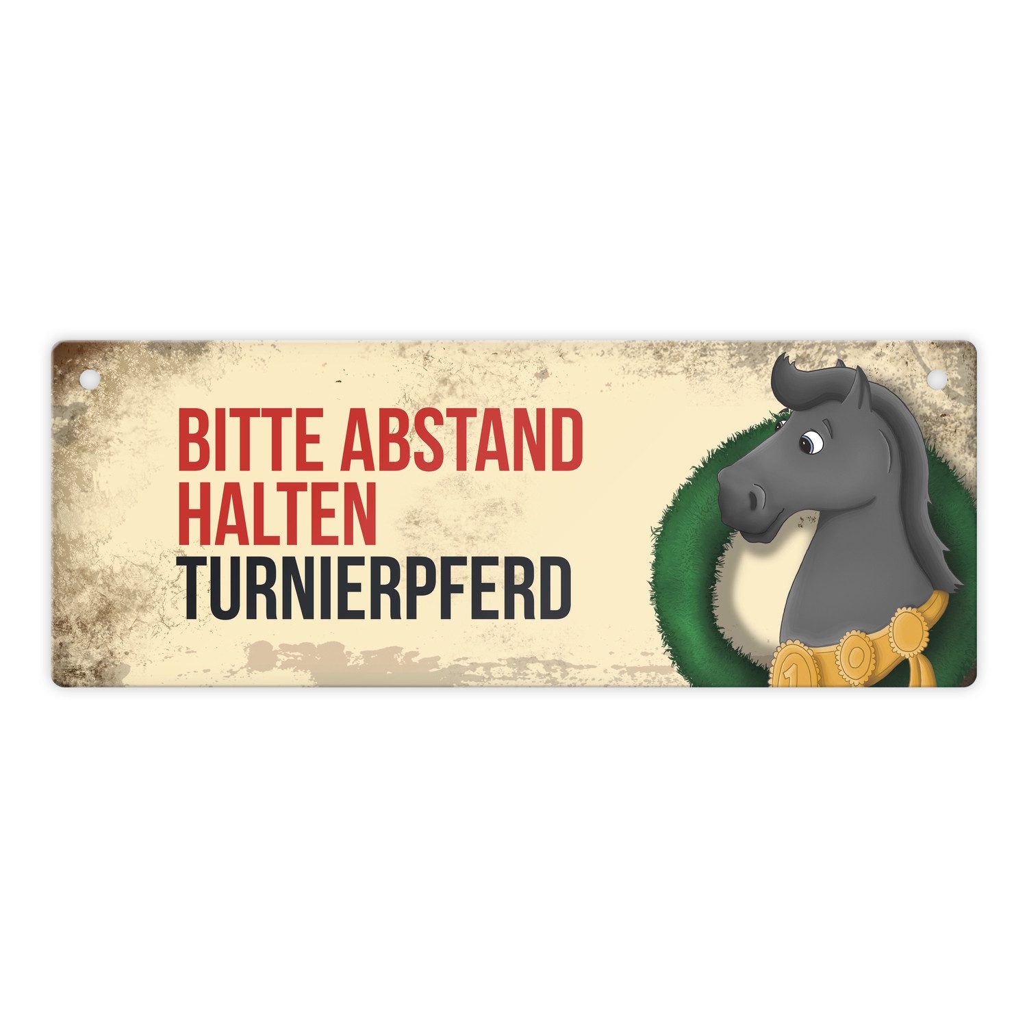 Metallschild Metallschild mit schwarzem Turnierpferd Motiv und Spruch: Bitte