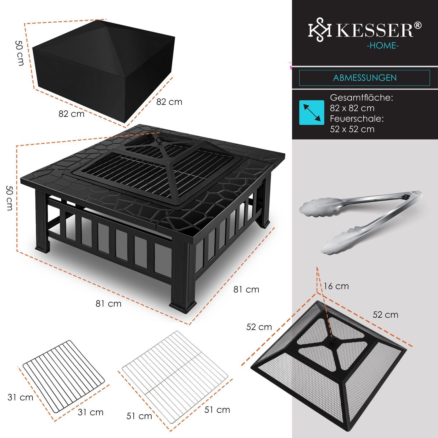 KESSER Feuerschale, Feuerstelle mit Grillrost Grillzange Feuerschale 82x82x50 cm