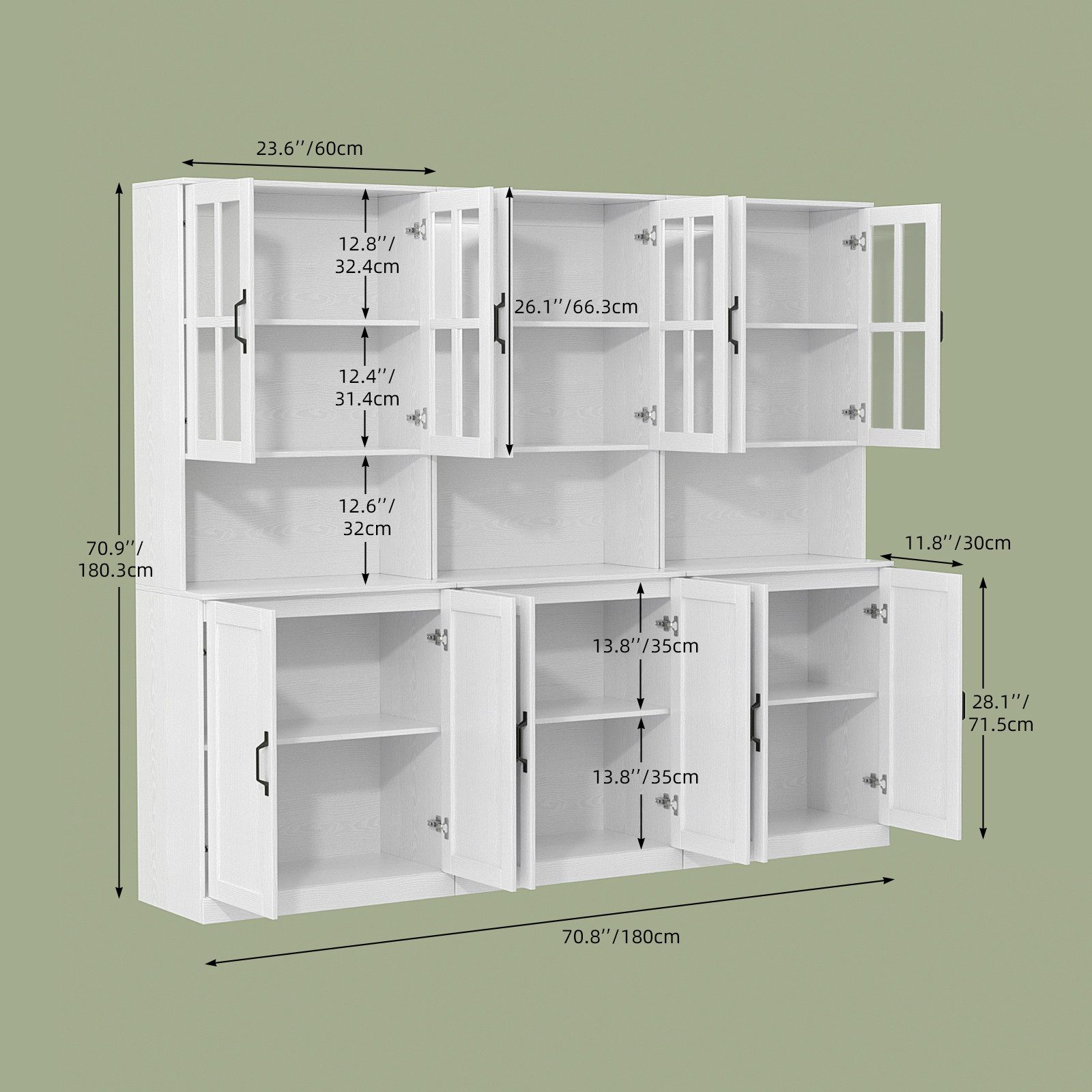 VOWNER Bücherregal mit Glastüren, offenem Fach & Arbeitsplatte – 5 Ebenen Hochschrank, 3-tlg., Vitrinenschrank Buffetschrank Standregal für Wohnzimmer & Büro