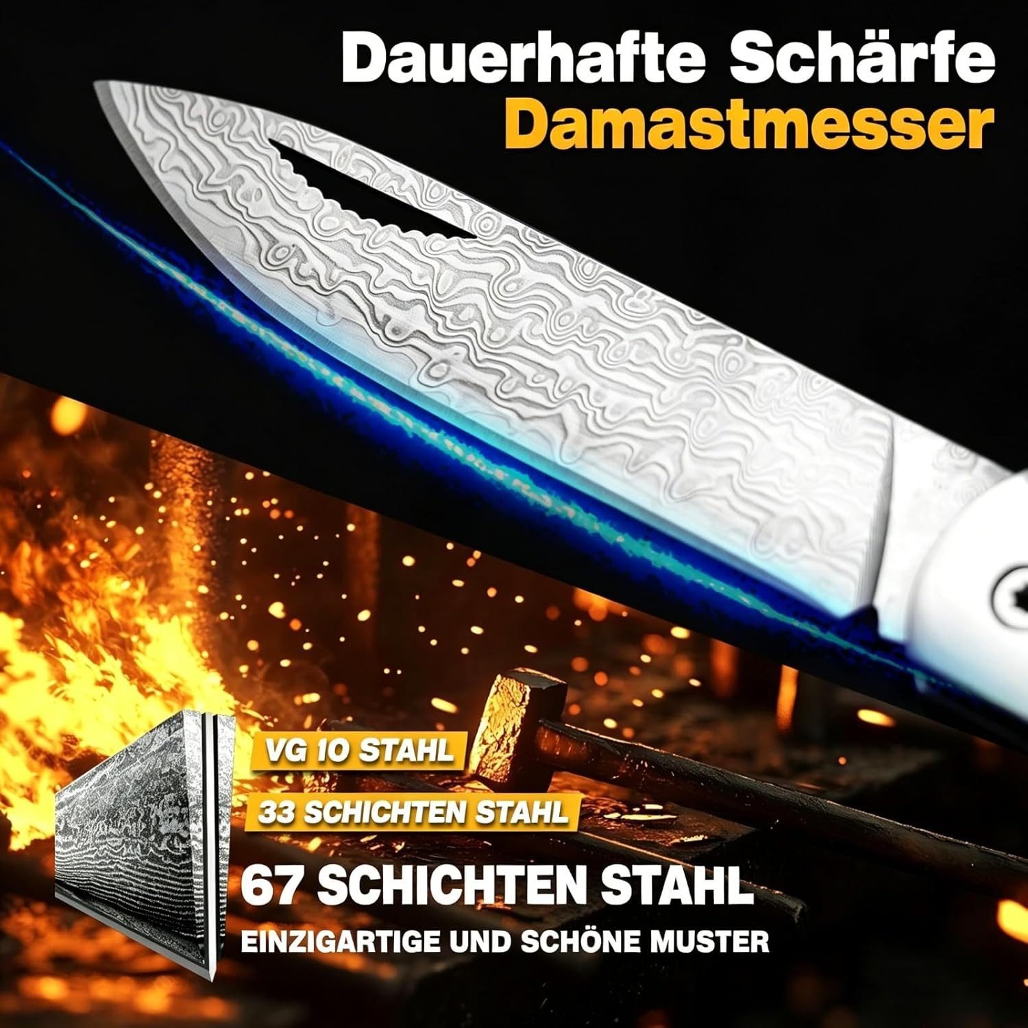 KingLux Damastmesser Damast Taschenmesser Zweihandklappmesser OutdoorJagdmesser
