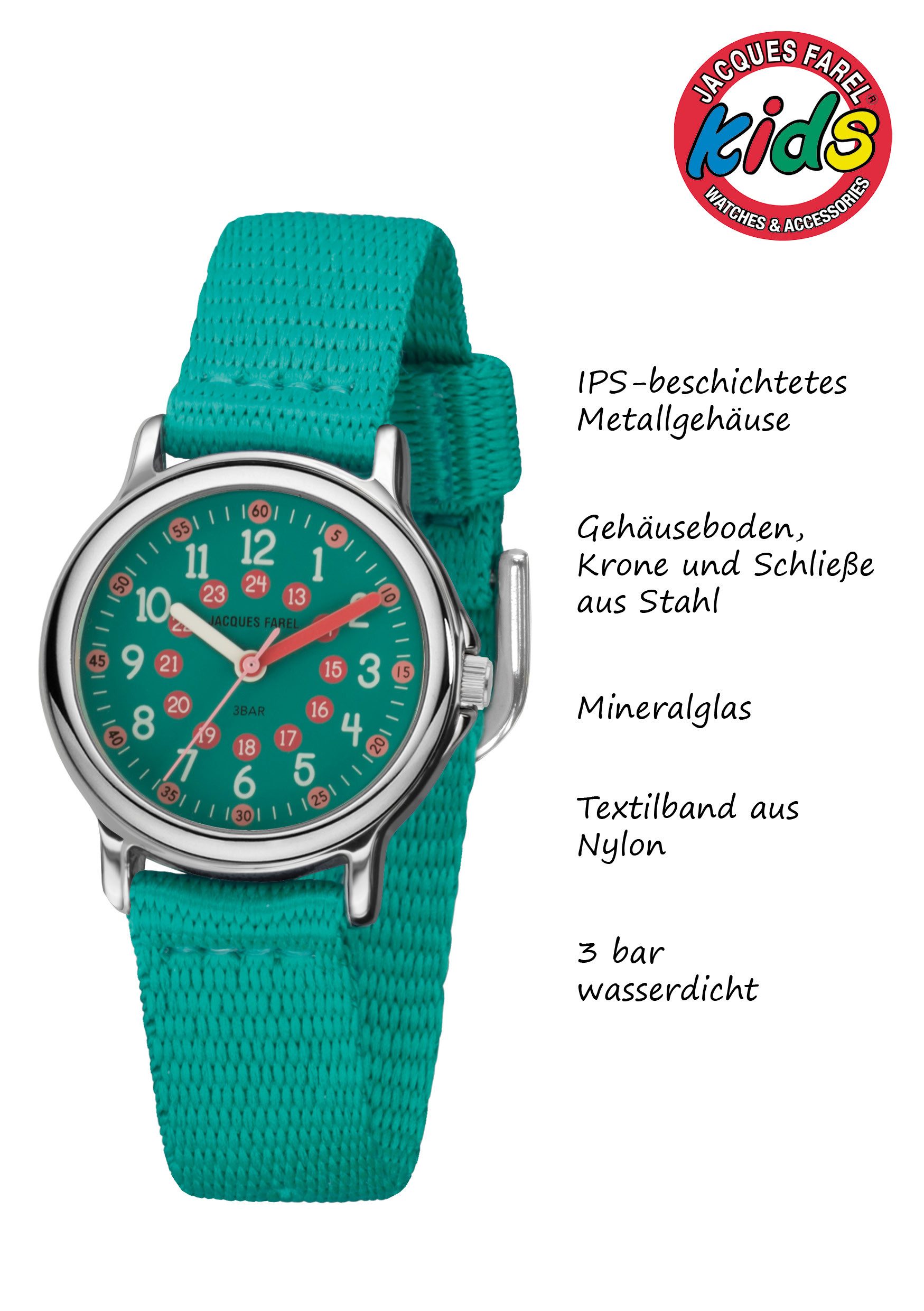 Jacques Farel Quarzuhr KCF Kinder Armbanduhr Textilband, analog Kinderuhr Lernuhr deutlich Schulanfang Geschenkidee Ø 28 mm – Bild 3 von 5