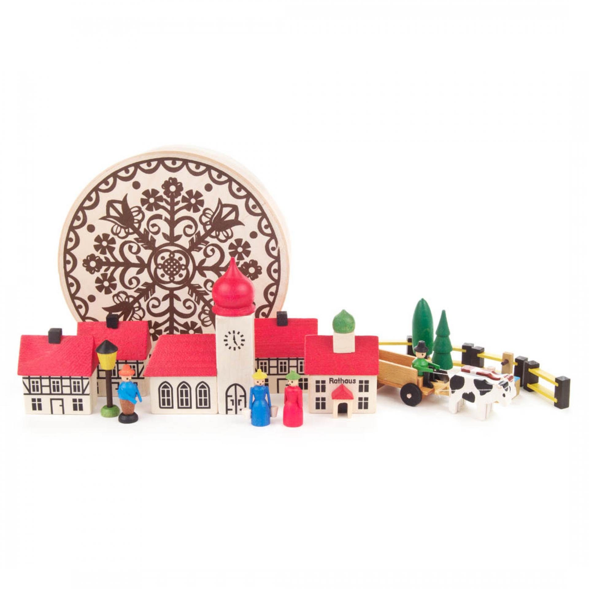 Spielwarenmacher Günther e.K. Weihnachtsfigur Miniaturfigur Dorf in Spandose (17 Teile) Höhe 5cm NEU, Spandose, Häuser, Zäune, Bäume, einzeln